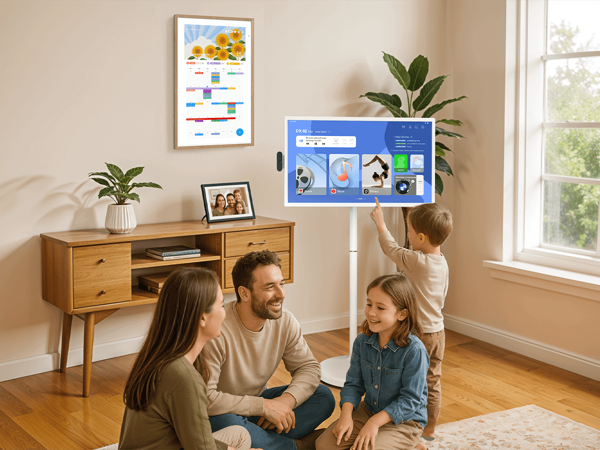 A family enjoying time together while using the Apolosign Smart Portable TV 2nd Gen in a cozy living room.