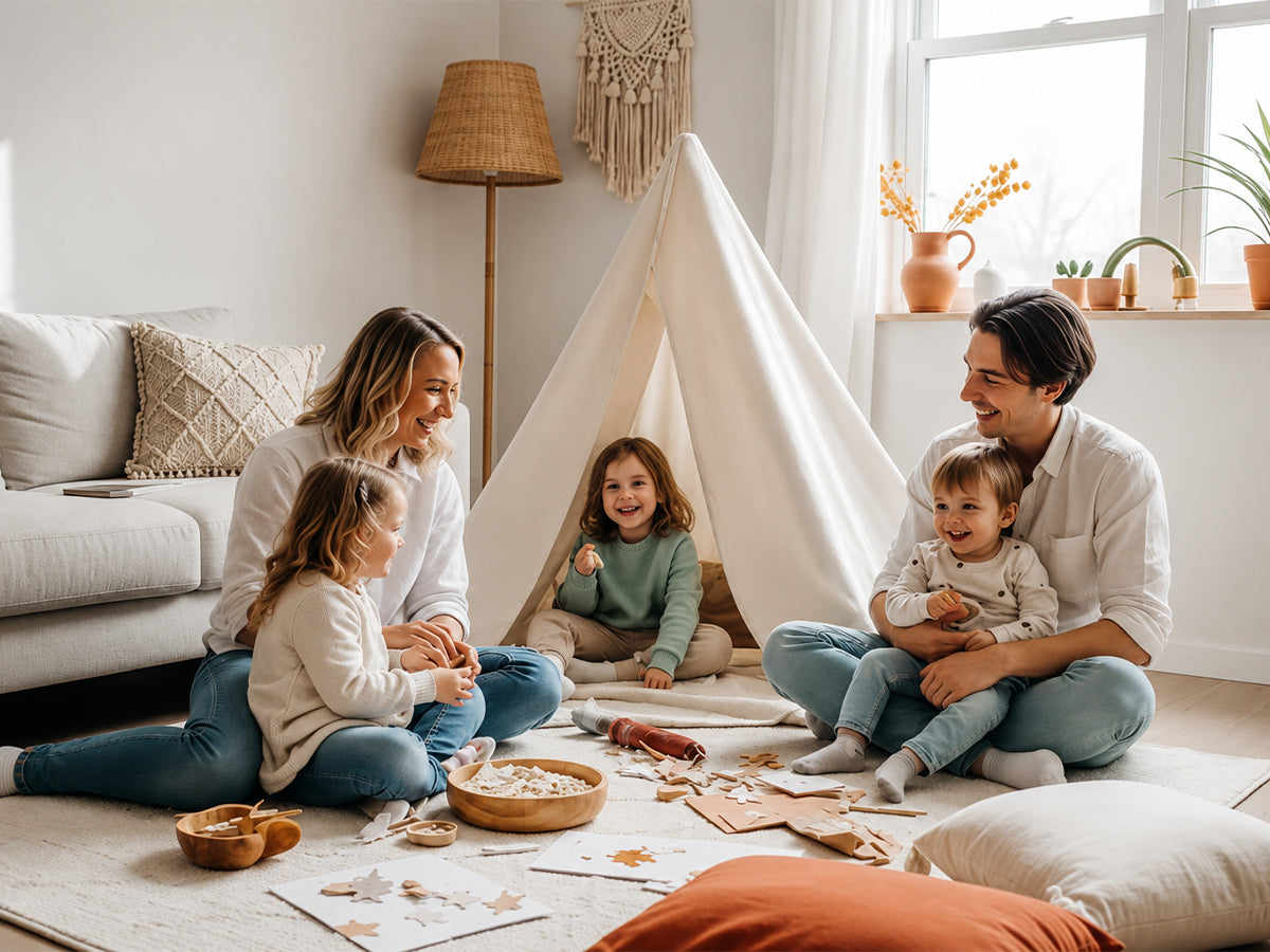 A family of five enjoying a joyful moment together in the living room