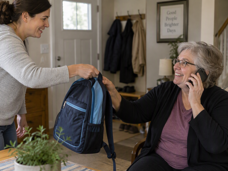 A parent passes a school backpack to a grandparent as the grandparent replies to a pickup request at home.