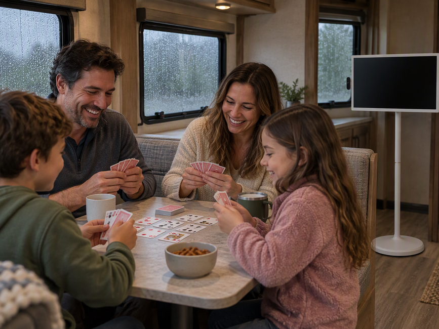 Family plays cards at an RV dinette on a rainy day, with an Apolosign 32-inch portable smart TV on its stand nearby and its screen off.