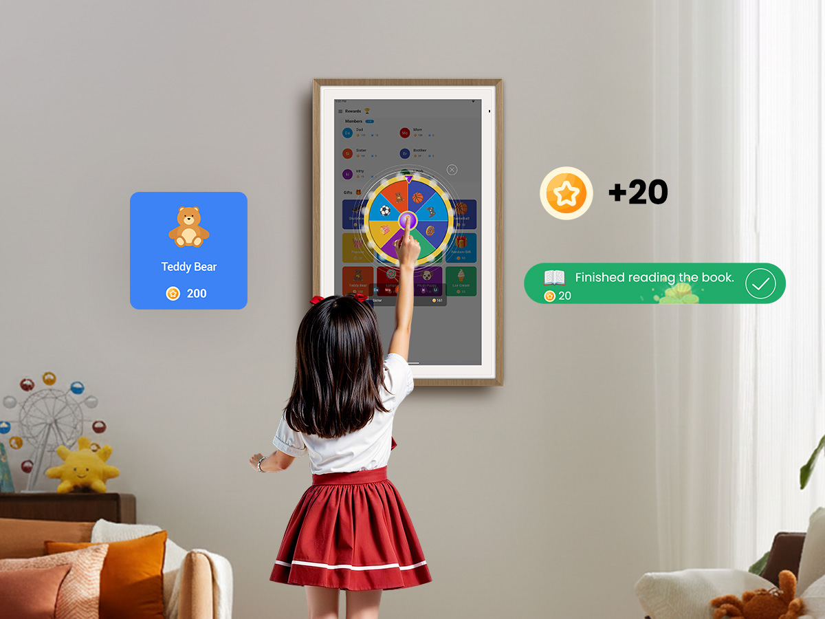 A working mother smiling as she organizes her family's schedule on a wall-mounted ApoloSign digital calendar in her kitchen