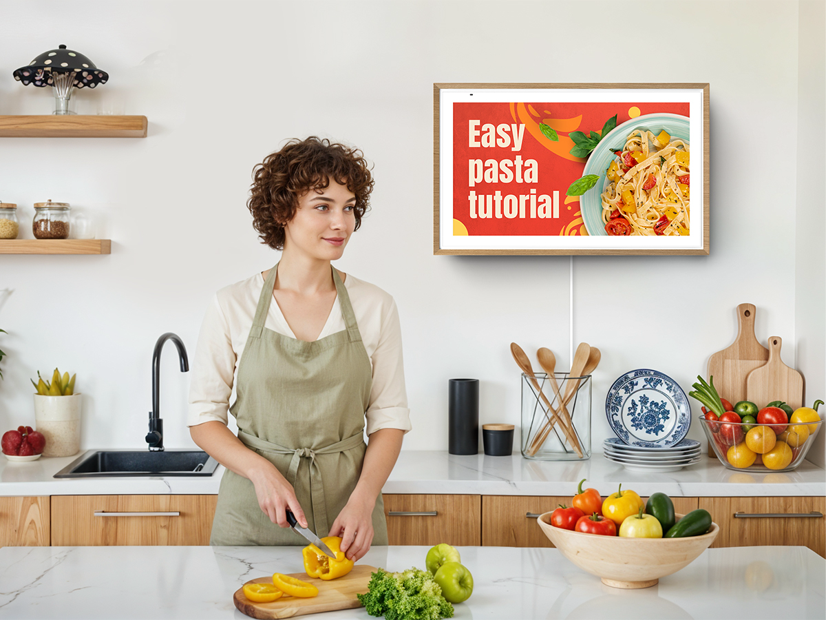 Woman in beige apron chopping yellow bell pepper in modern kitchen with wall-mounted digital calendar displaying easy pasta tutorial recipe on screen