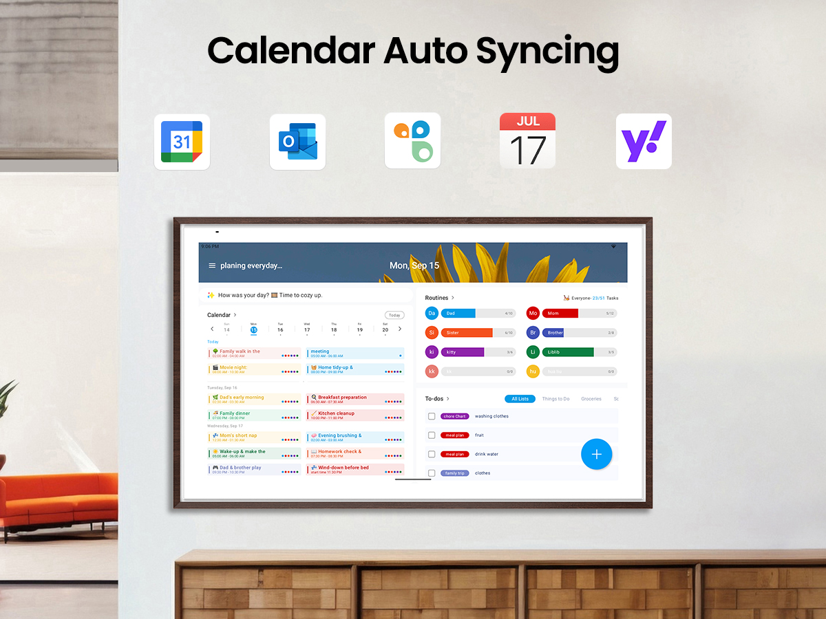 A digital calendar hangs on the wall, displaying a to-do list.