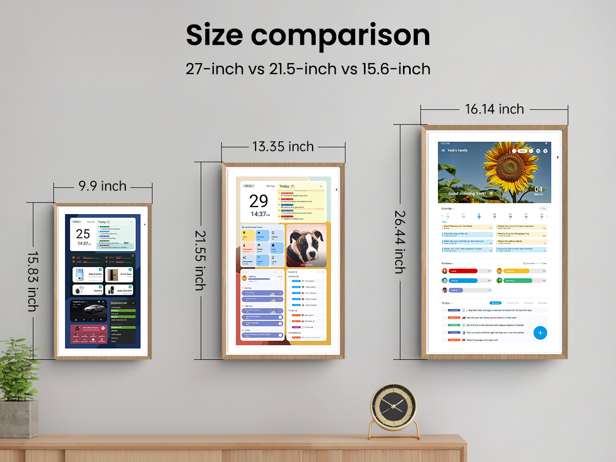 The image shows a size comparison of three digital calendars - 27-inch, 21.5-inch, and 15.6-inch. It provides the dimensions of each size, allowing viewers to easily compare the relative scale of the different models.