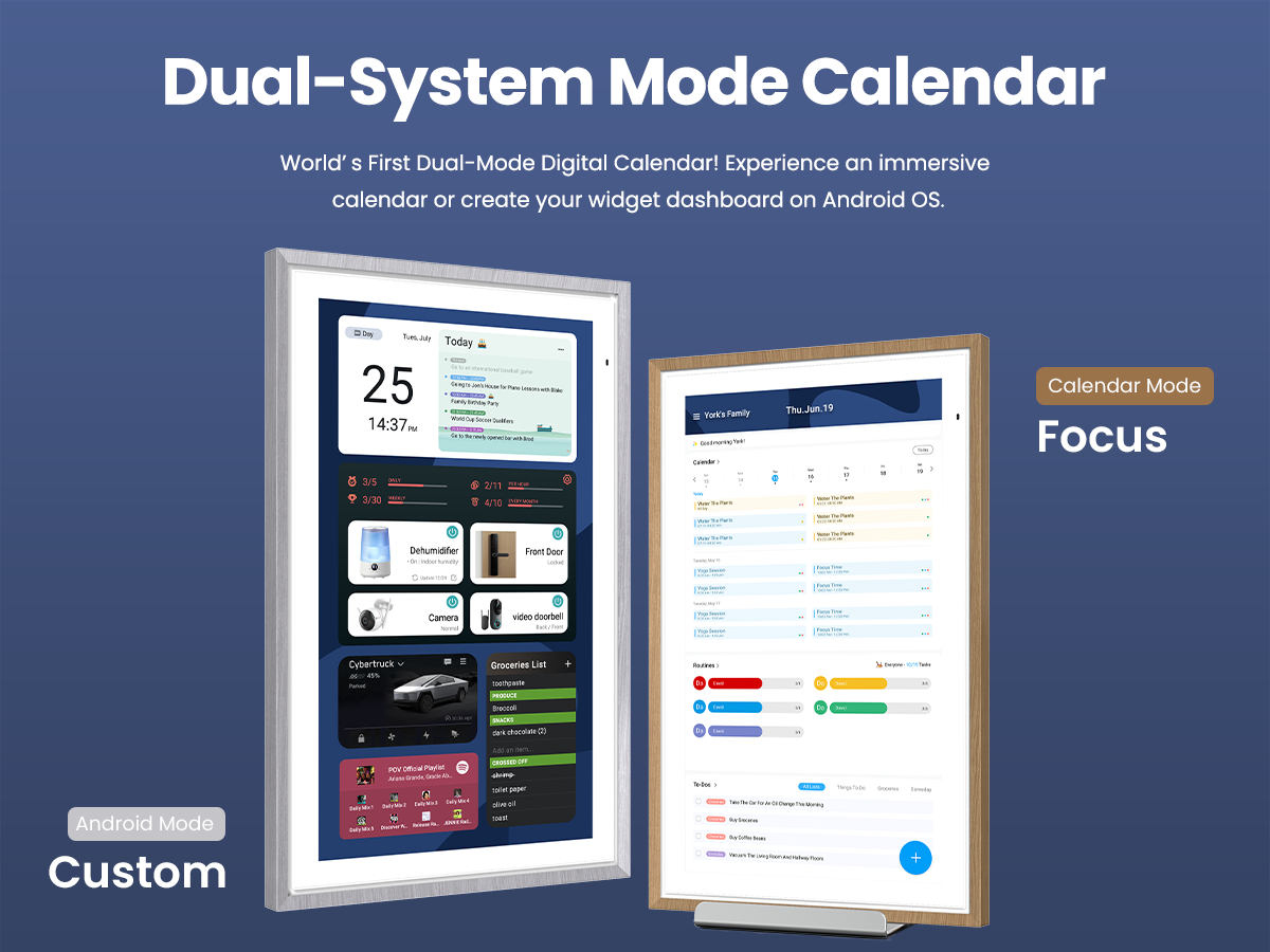 Dual-System Mode Digital Calendar displaying Android Custom Mode on the left and Calendar Focus Mode on the right, showcasing widget dashboard and immersive calendar views