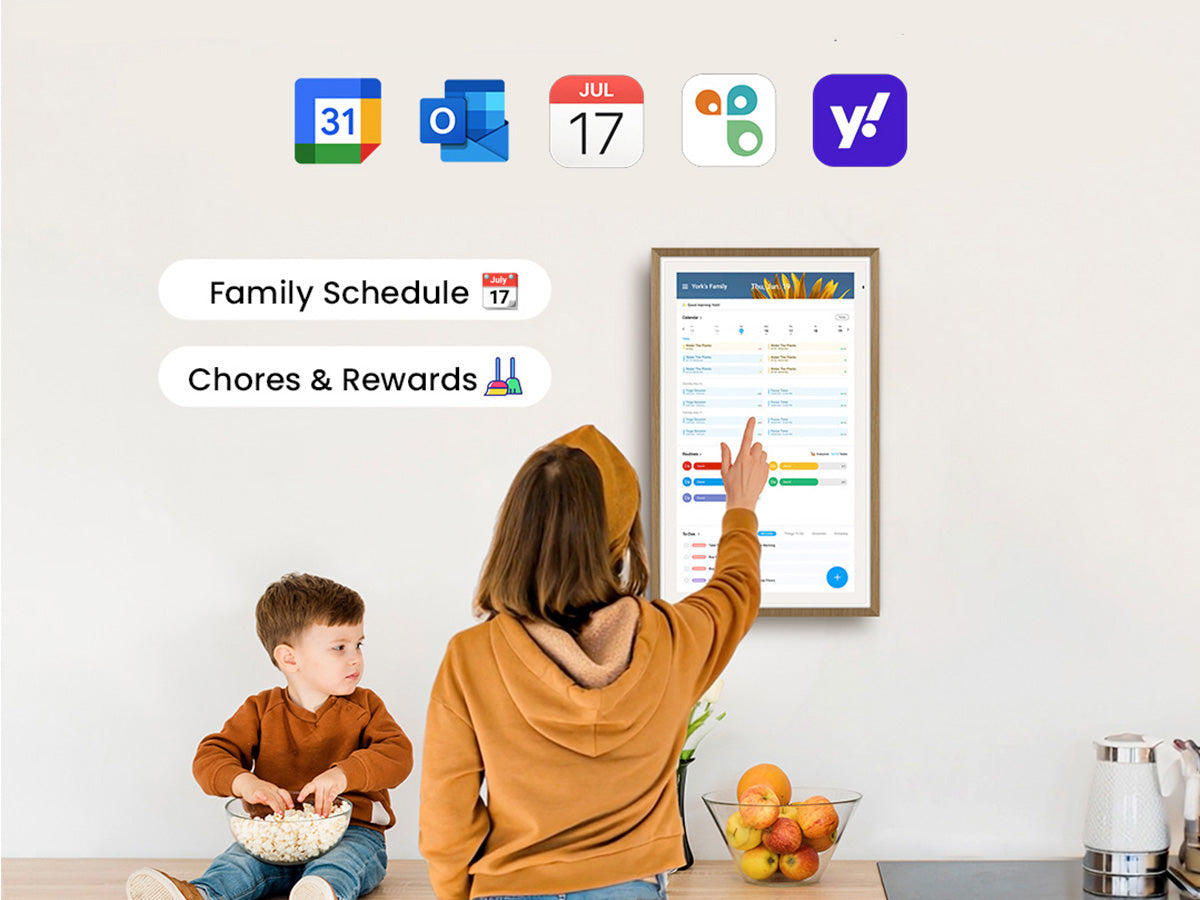 A family organization system with a wall-mounted digital display showing family schedules and a chore tracking interface