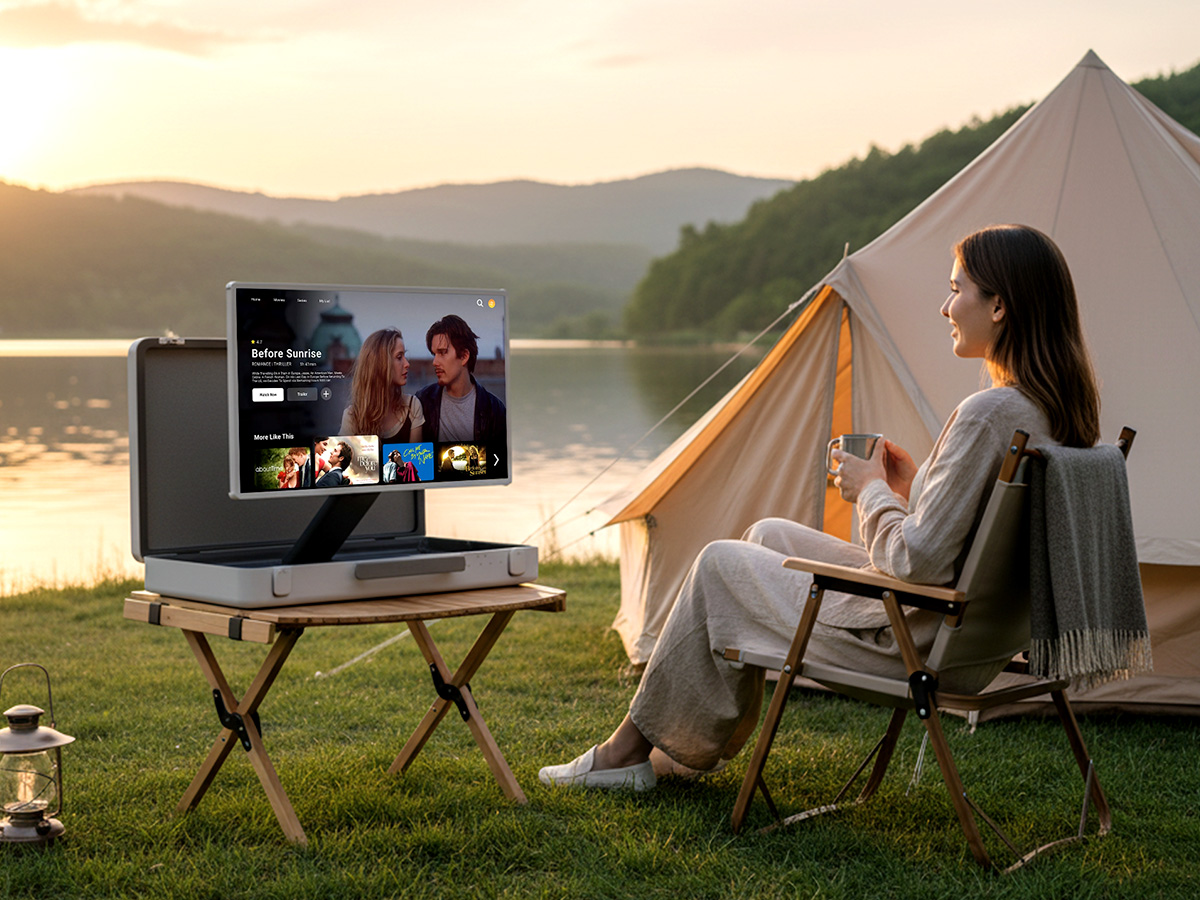 Battery powered portable TV for camping at lakeside glamping site with woman enjoying outdoor movie experience at sunset