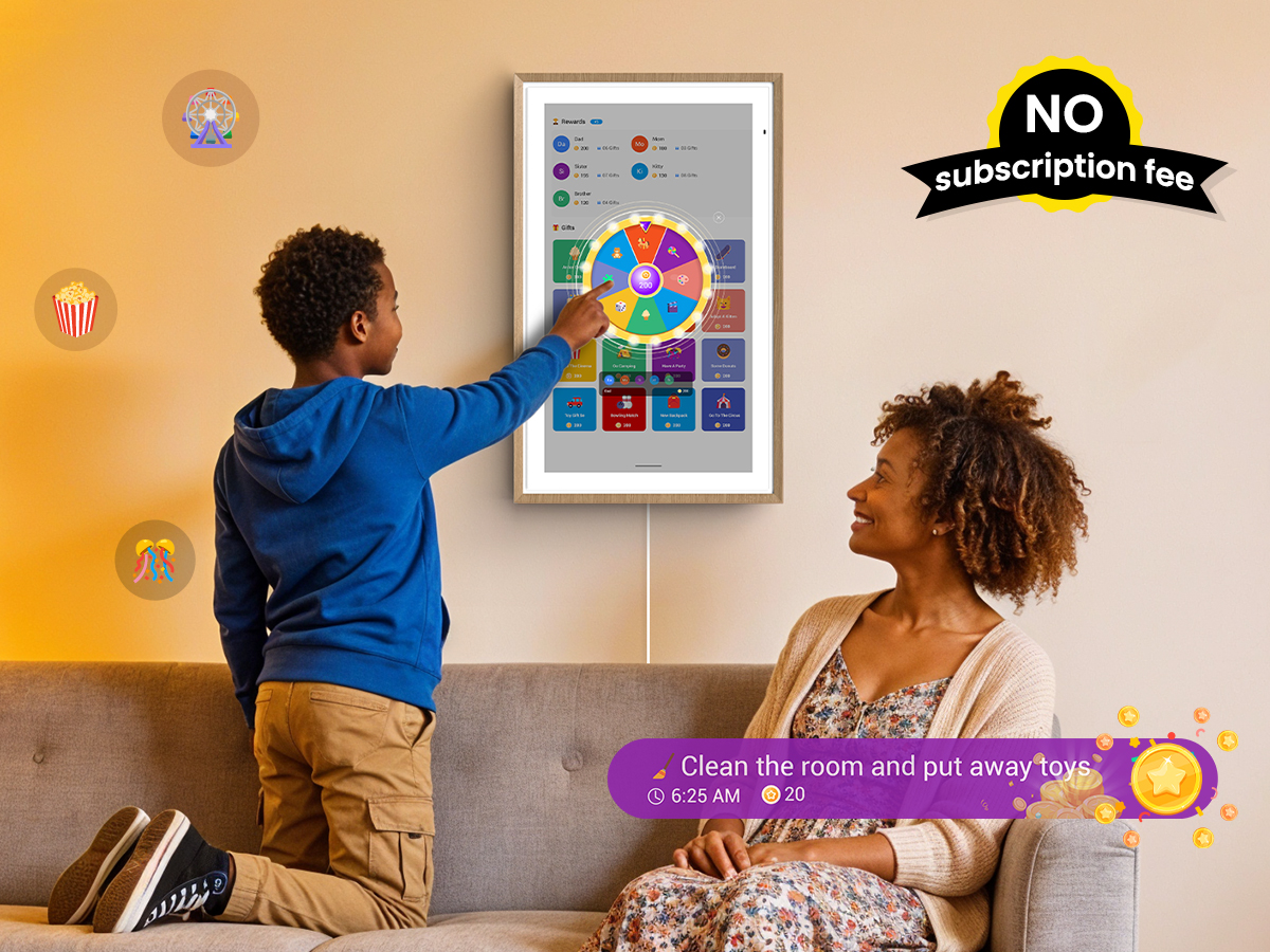 Child interacting with wall-mounted digital calendar displaying chore wheel while parent watches from couch, with "NO subscription fee" badge prominently displayed