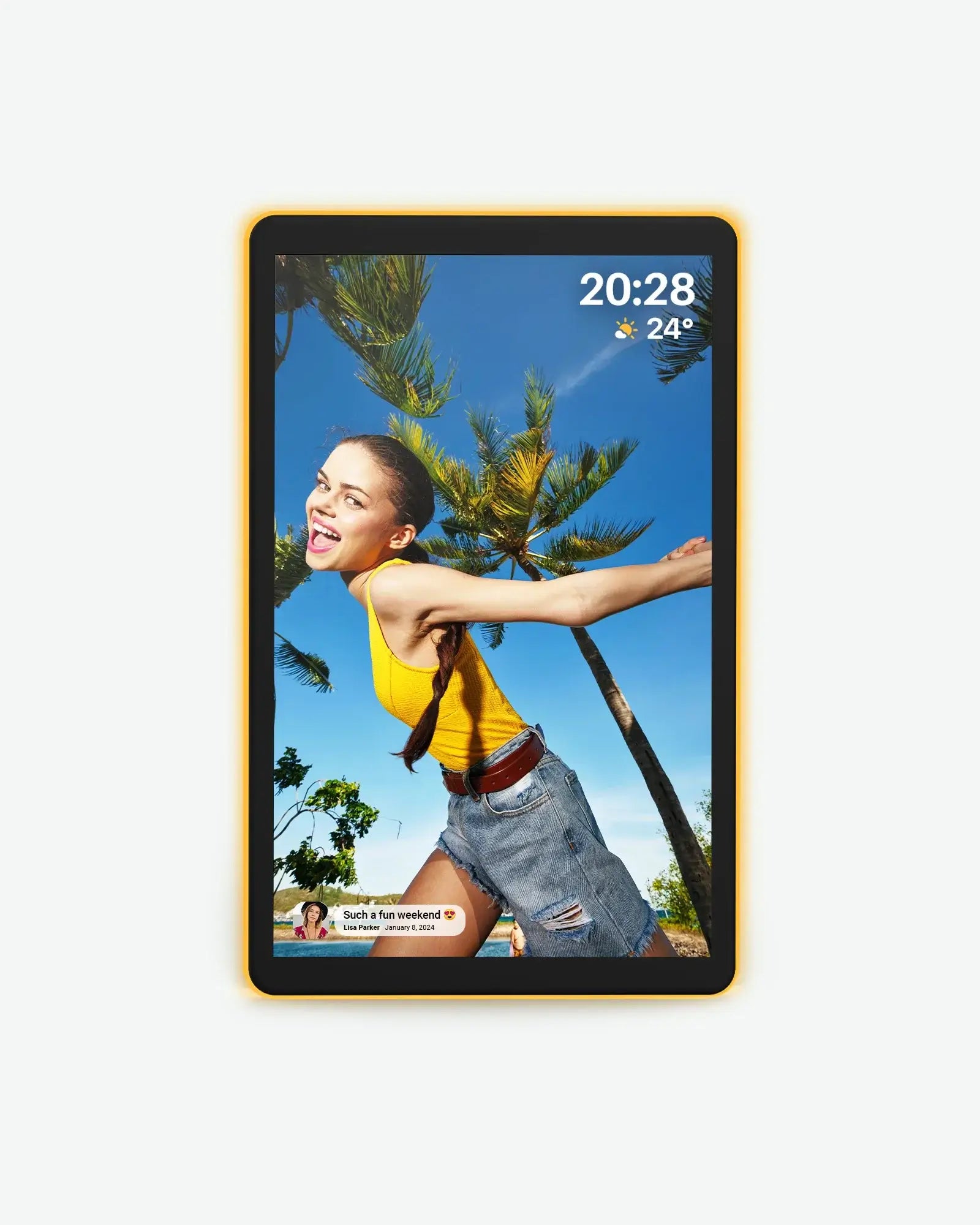 Apolosign 10.1" digital photo frame with yellow bezel displays a woman on a tropical beach.