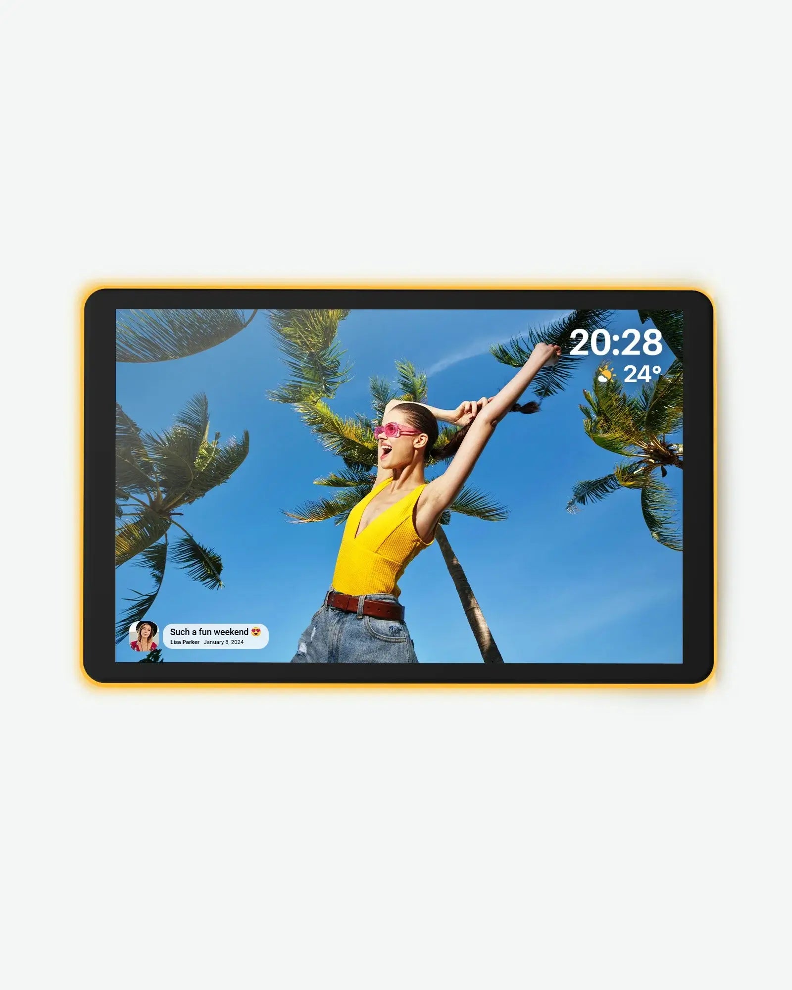 Apolosign 10.1" neon light digital photo frame displays a woman at the beach with palm trees and a bright blue sky.