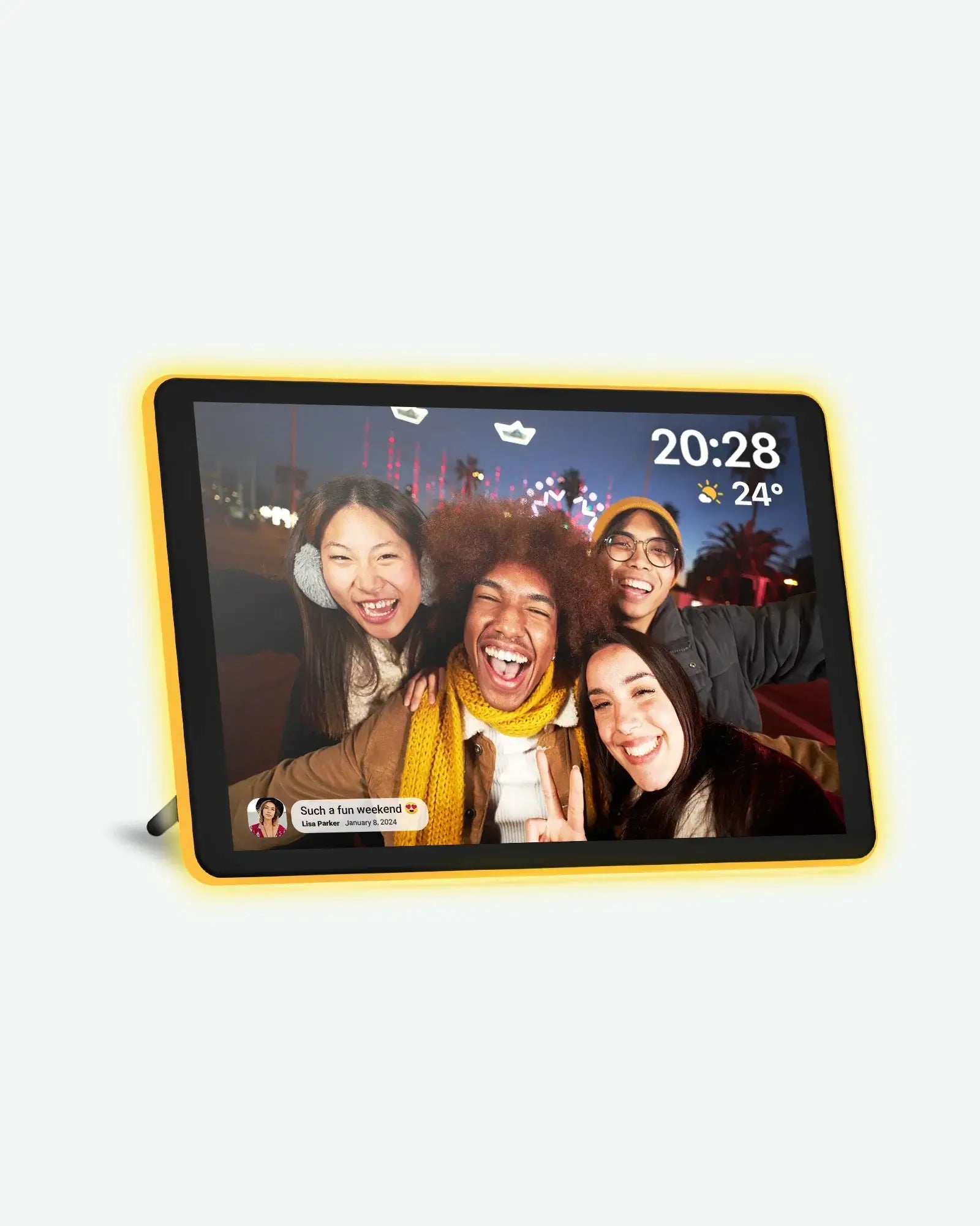 Apolosign 10.1" neon light digital photo frame displays a selfie of four young adults with time and temperature overlay.