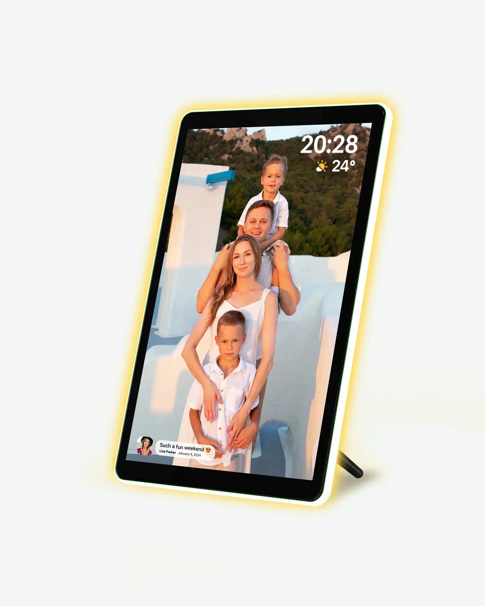 Apolosign 10.1" digital photo frame with yellow neon bezel displays a family photo with time and weather overlay.