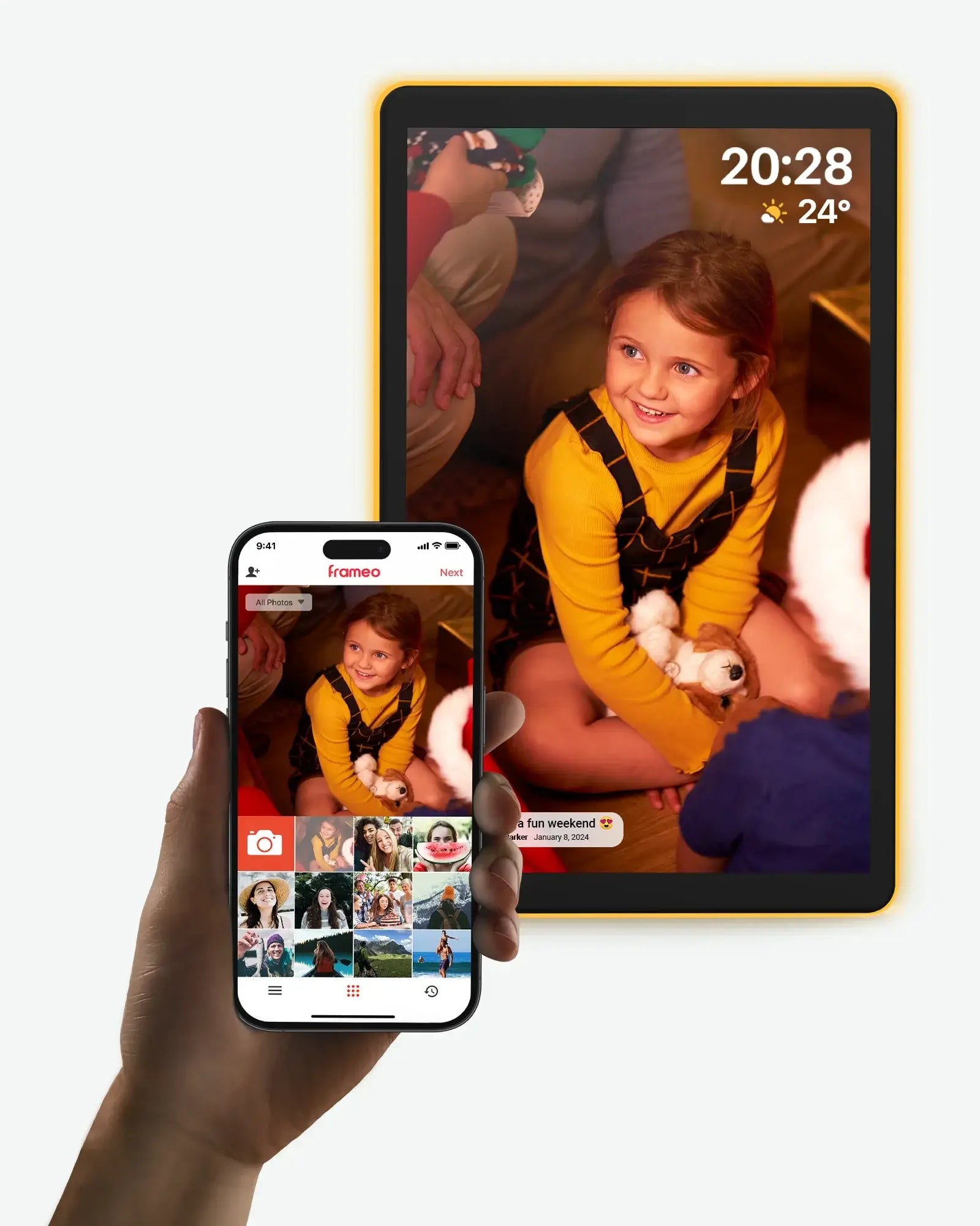 Apolosign 10.1" neon digital frame displaying family photo controlled by Frameo app on phone.