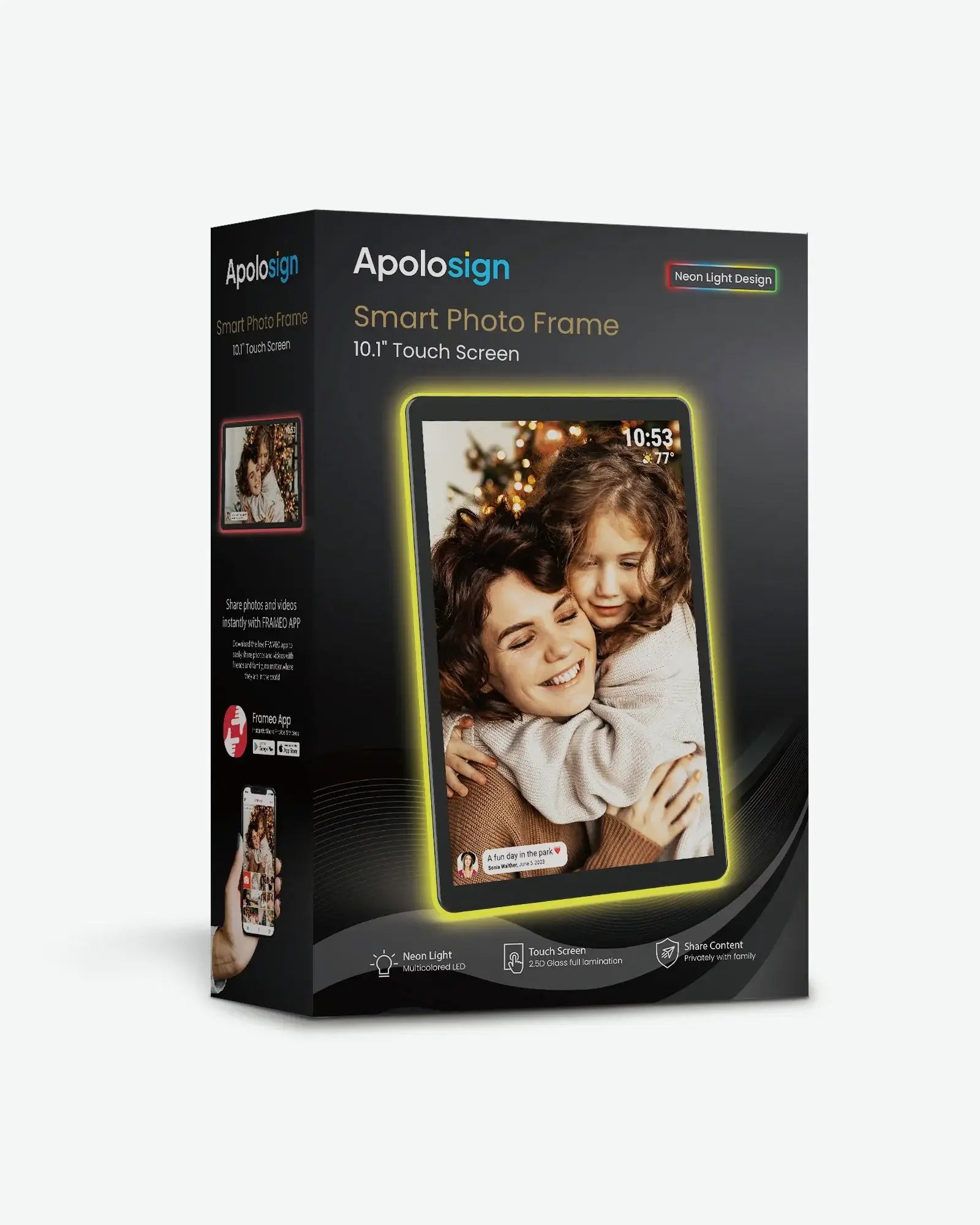 Apolosign 10.1" Smart Photo Frame box with neon yellow light, displays family photo with time/temp overlay.