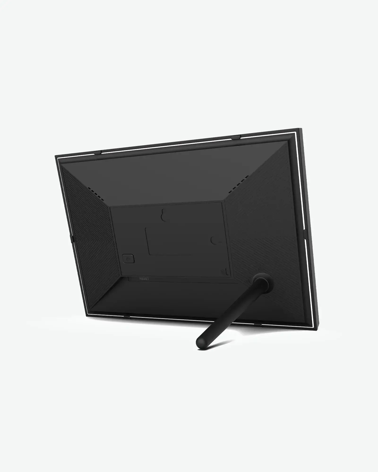 Back of black 10.1" Apolosign digital photo frame with built-in stand, product appearance.