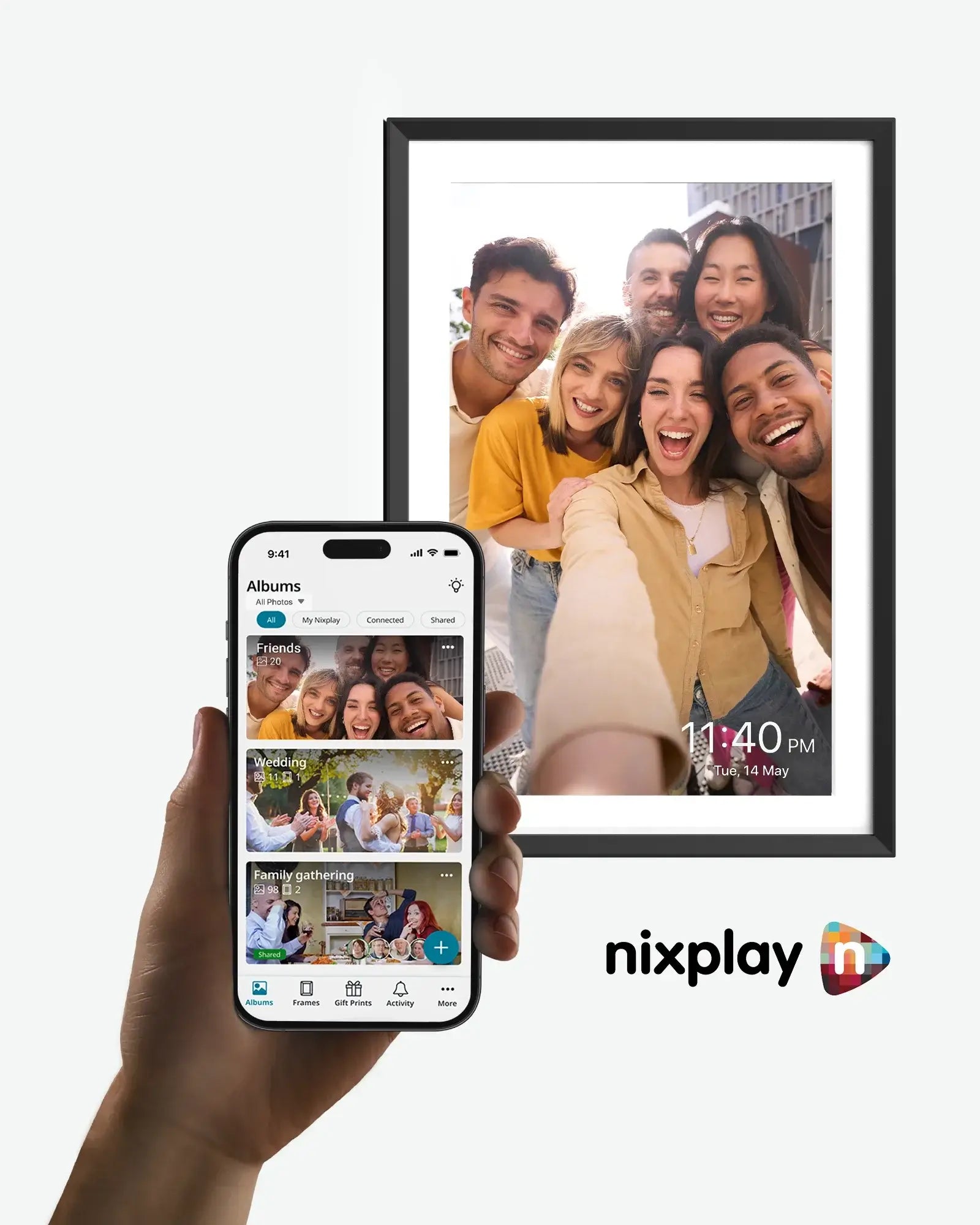 Apolosign 10.1" digital frame shows group selfie, smartphone displays photo albums. Easy memory sharing.