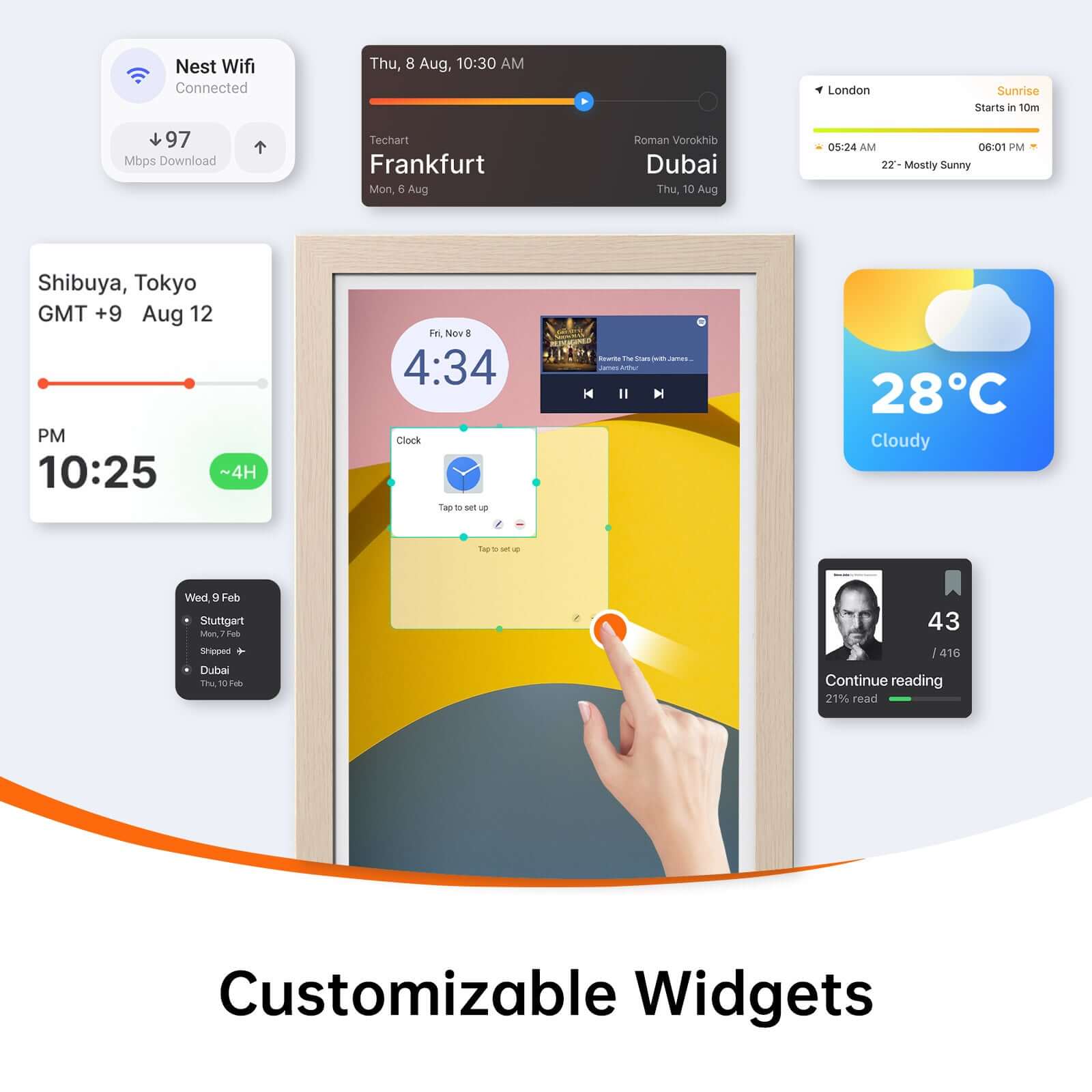 21.5 inch smart digital calendar with customizable widgets: time, weather, Nest Wifi. Hand interacts with clock.