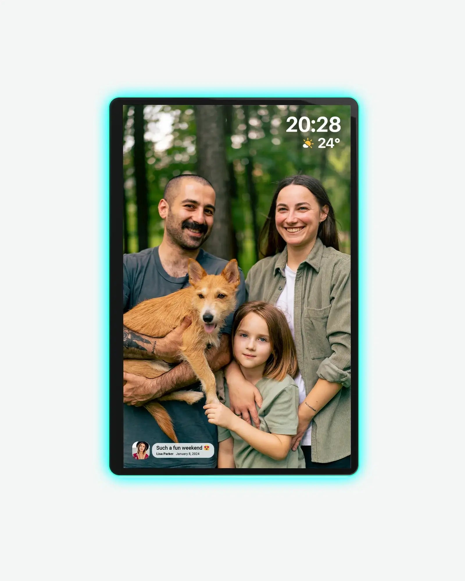 Apolosign 14.1" Neon Light Digital Photo Frame displays family photo with neon blue border. Showcases screen quality.