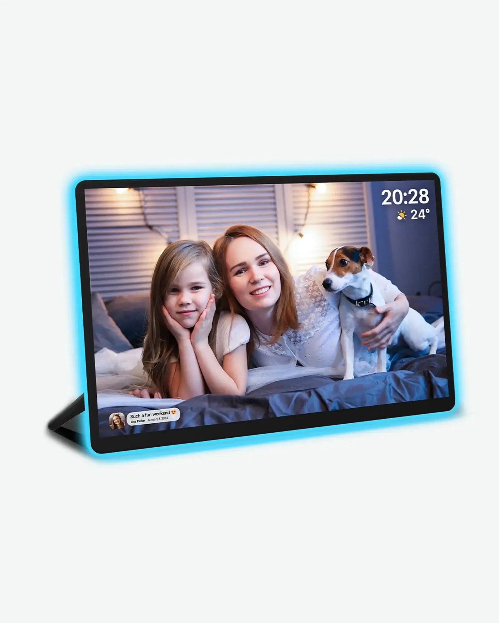 Apolosign 14.1" digital frame displays family and dog with neon blue border, showing time and weather.