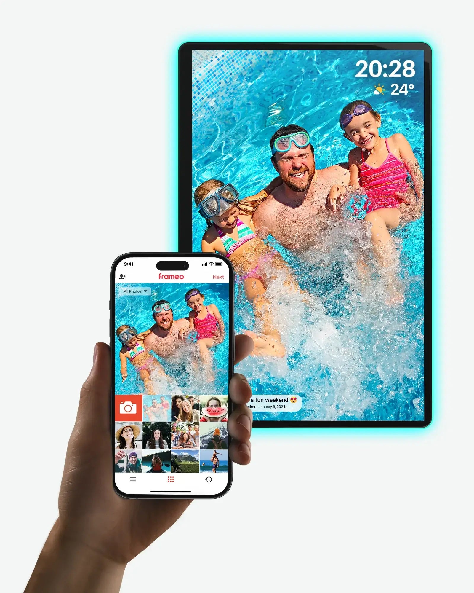 Apolosign 14.1" digital photo frame displays family selfie, next to phone showing Frameo app. Neon blue border.