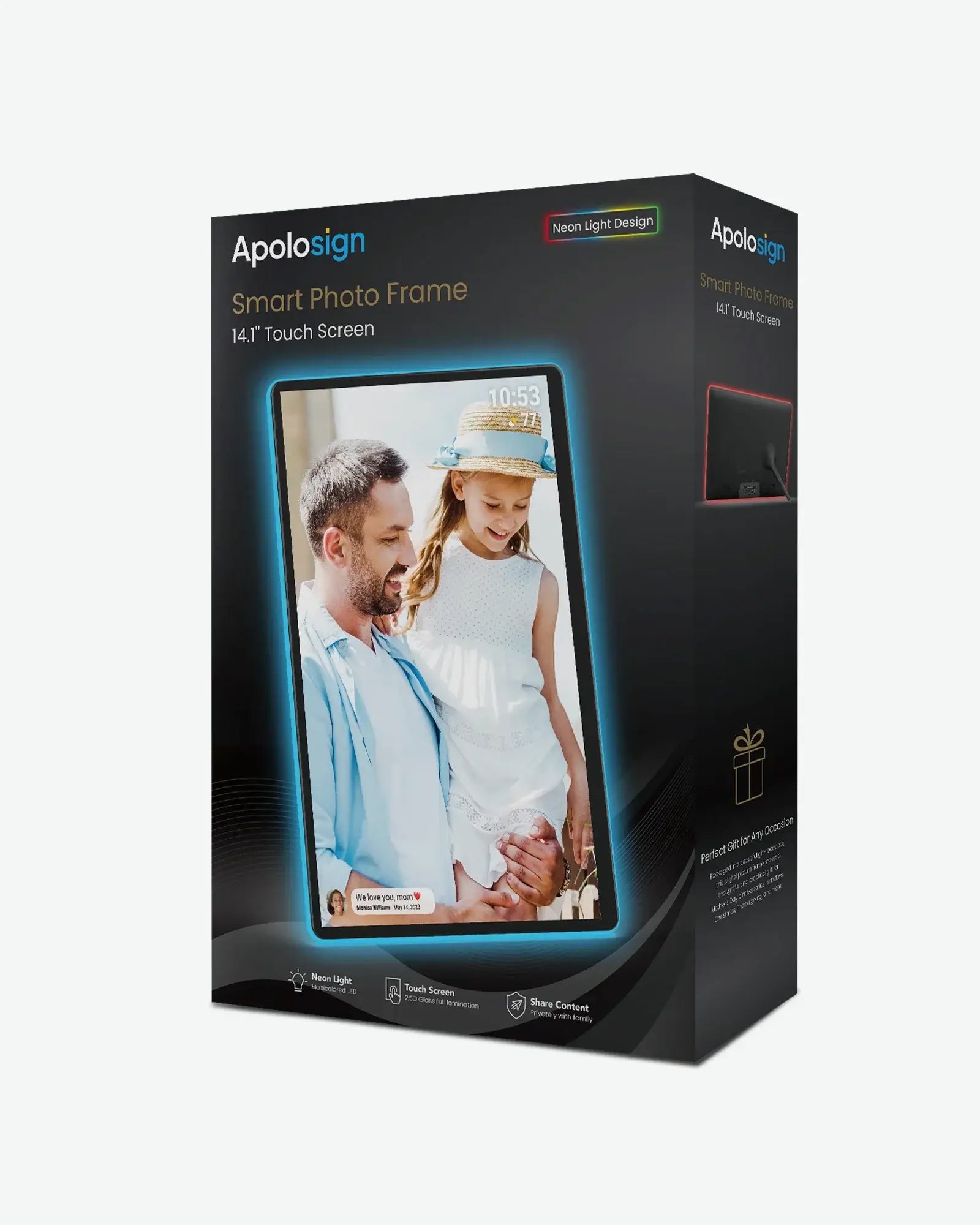 Apolosign 14.1" Smart Photo Frame packaging: family photo with neon blue light border & touch screen.