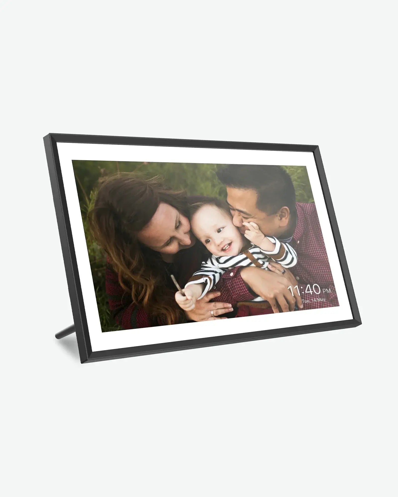 Apolosign 15.6 inch digital photo frame displays happy family of three with time and date.