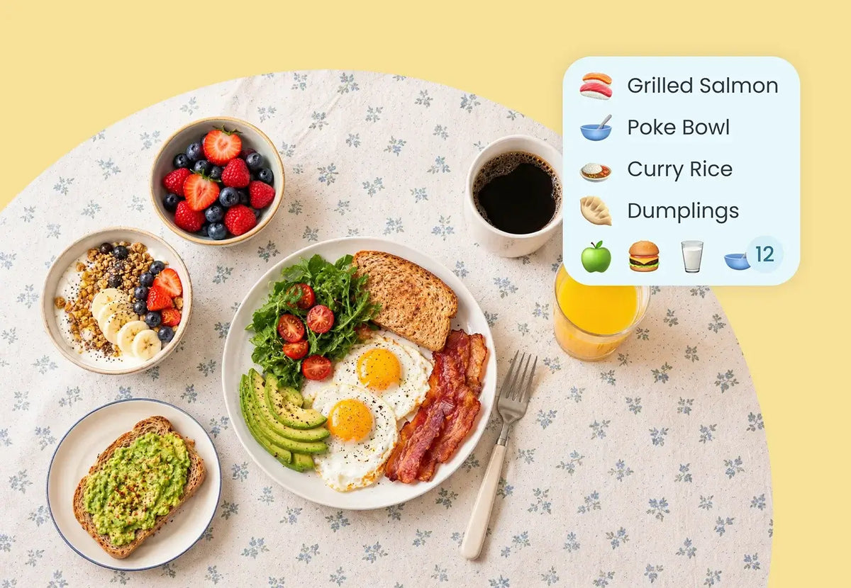 Breakfast spread with an Apolosign Calendar meal planning widget for organizing daily family meals.