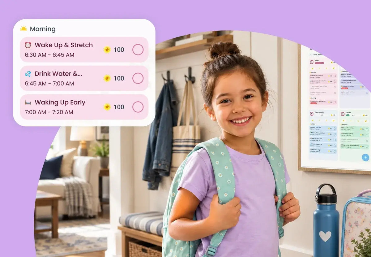 Girl ready for school beside an Apolosign digital chore chart with morning routines and reward points.