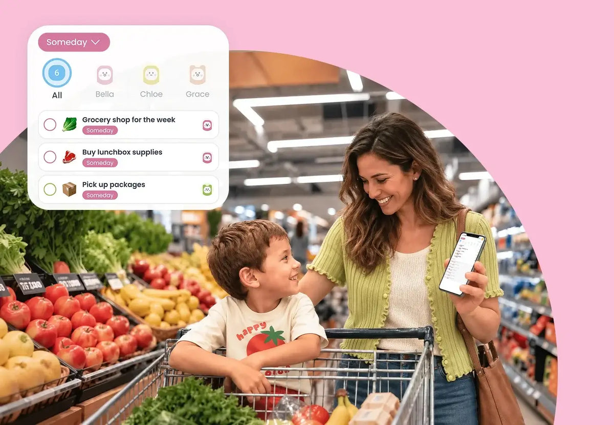 Mother and son grocery shopping with a phone and an Apolosign shared family to-do list.