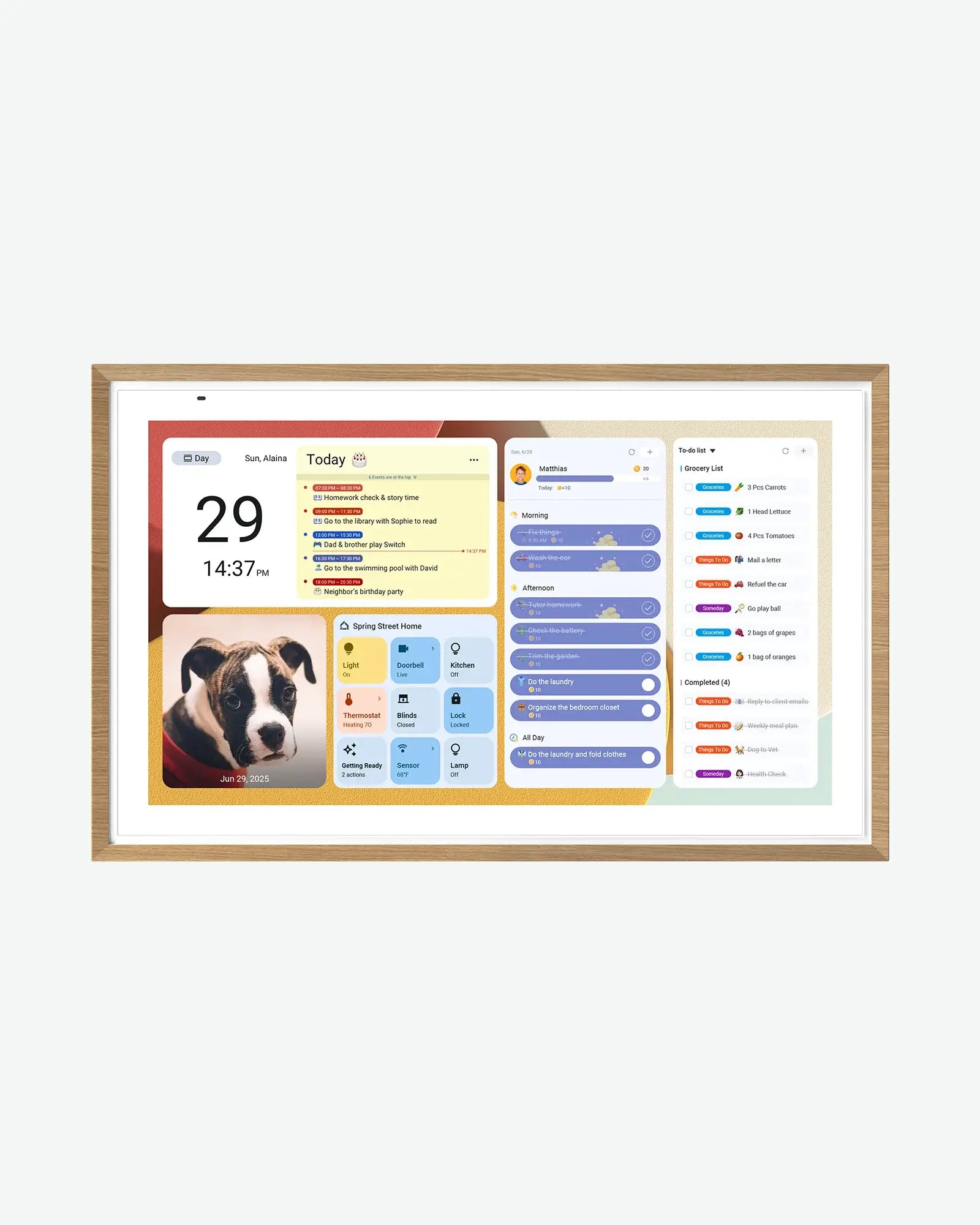 Apolosign 21.5" Digital Calendar featuring customizable widgets and a photo frame display.