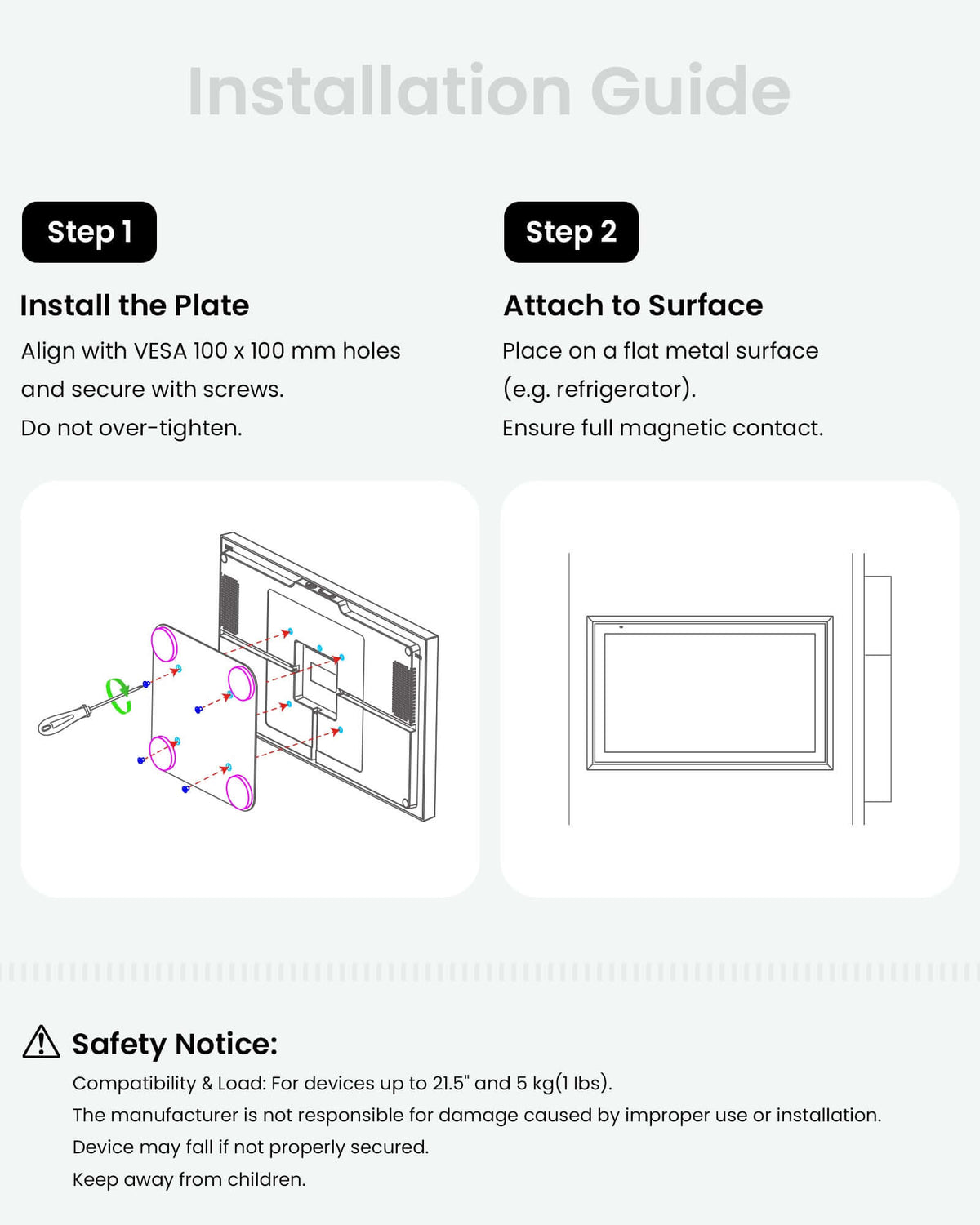 Installation guide for Magnetic Mount, showing steps for plate installation and surface attachment.