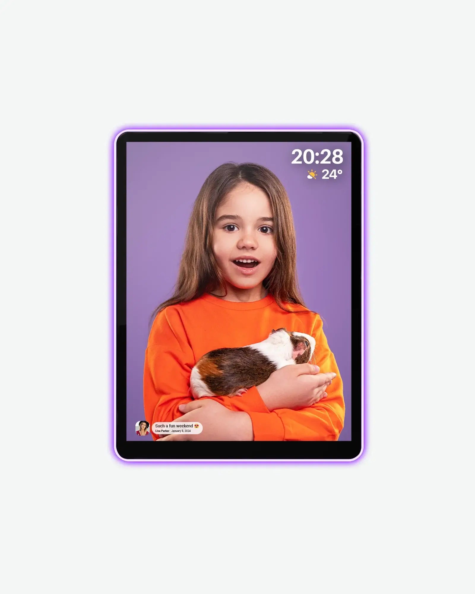 Apolosign 10" 2K digital photo frame displaying a girl holding a guinea pig with weather and message.