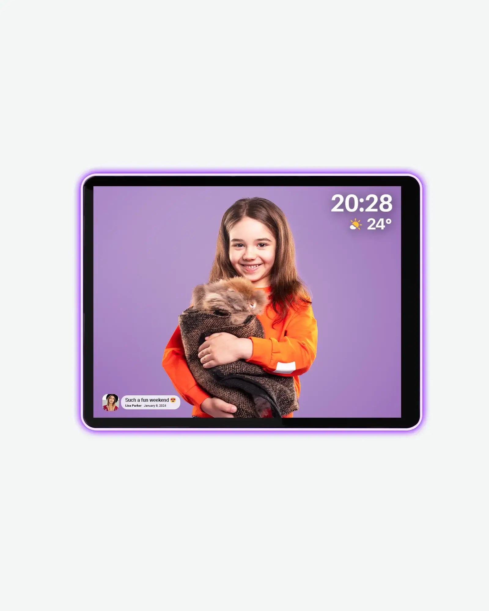 Apolosign 10" 2K digital photo frame with neon purple border displays girl holding cat, time, and weather.