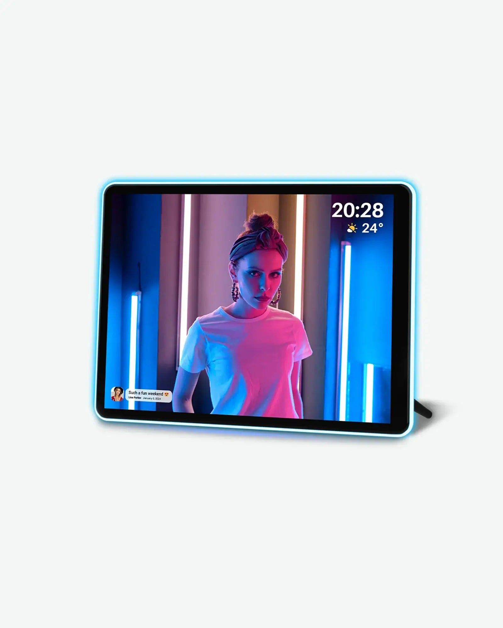 Apolosign 10" 2K Neon Light Digital Photo Frame with neon design showcasing screen quality and ambient lighting.