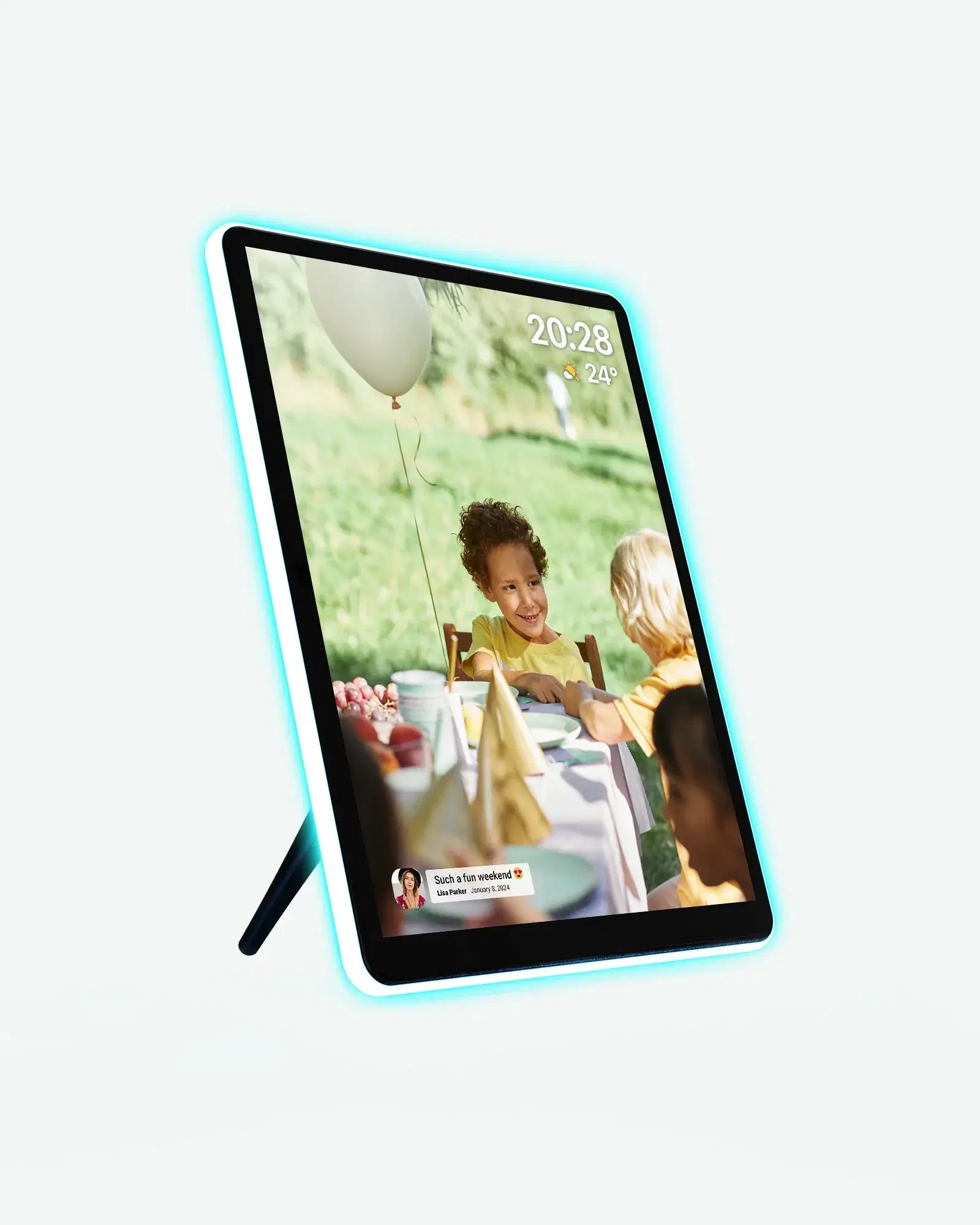 Apolosign 10" 2K Neon Light Digital Photo Frame shows a bright outdoor scene with children and a neon blue light accent.