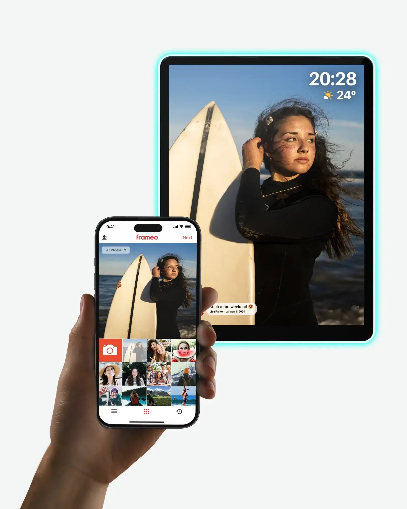 Apolosign 10" 2K Neon Digital Frame controlled by Frameo app, shows girl with surfboard.