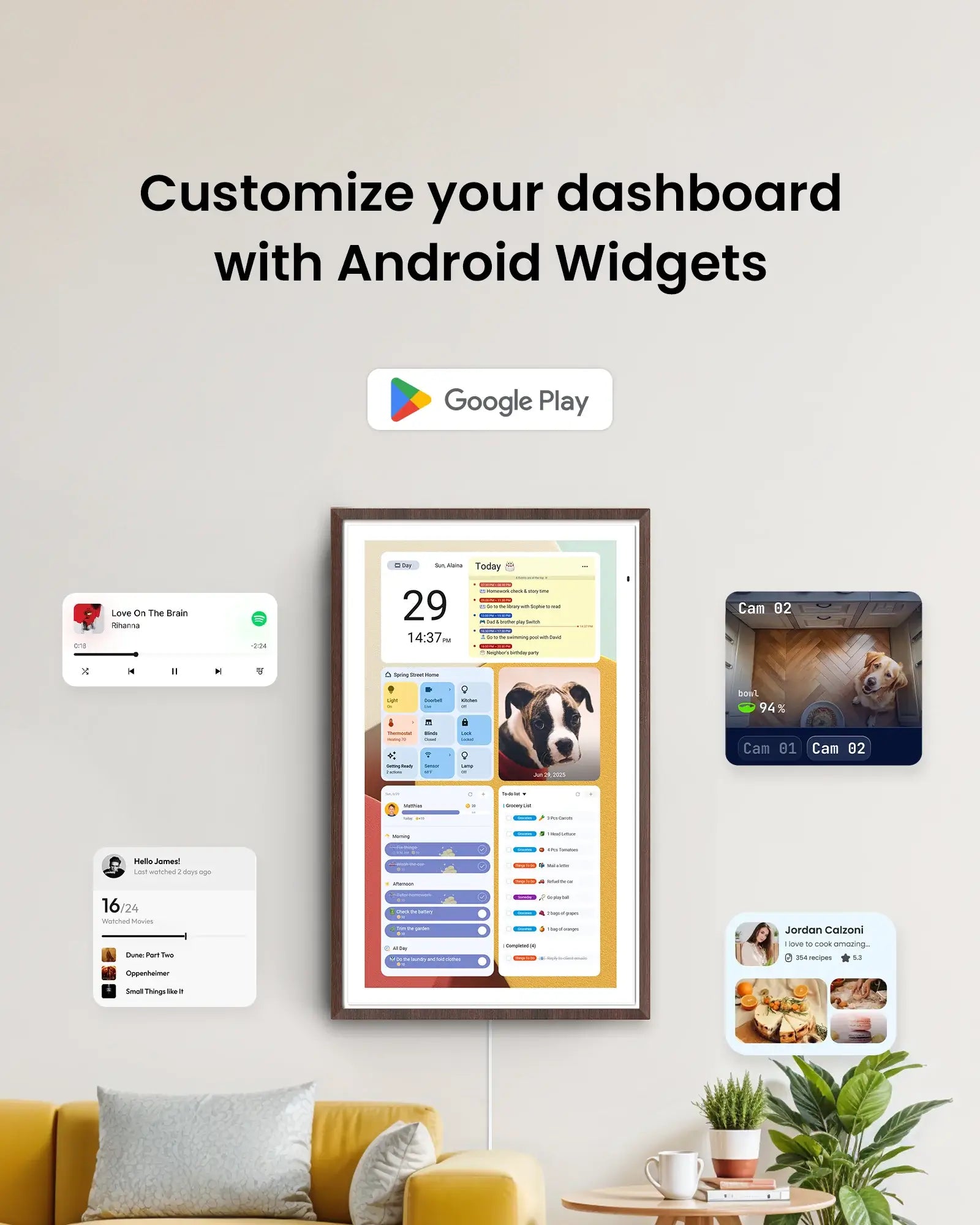 Apolosign 27" 4K digital calendar dashboard customization with Android widgets like Spotify, cameras, and family schedule.