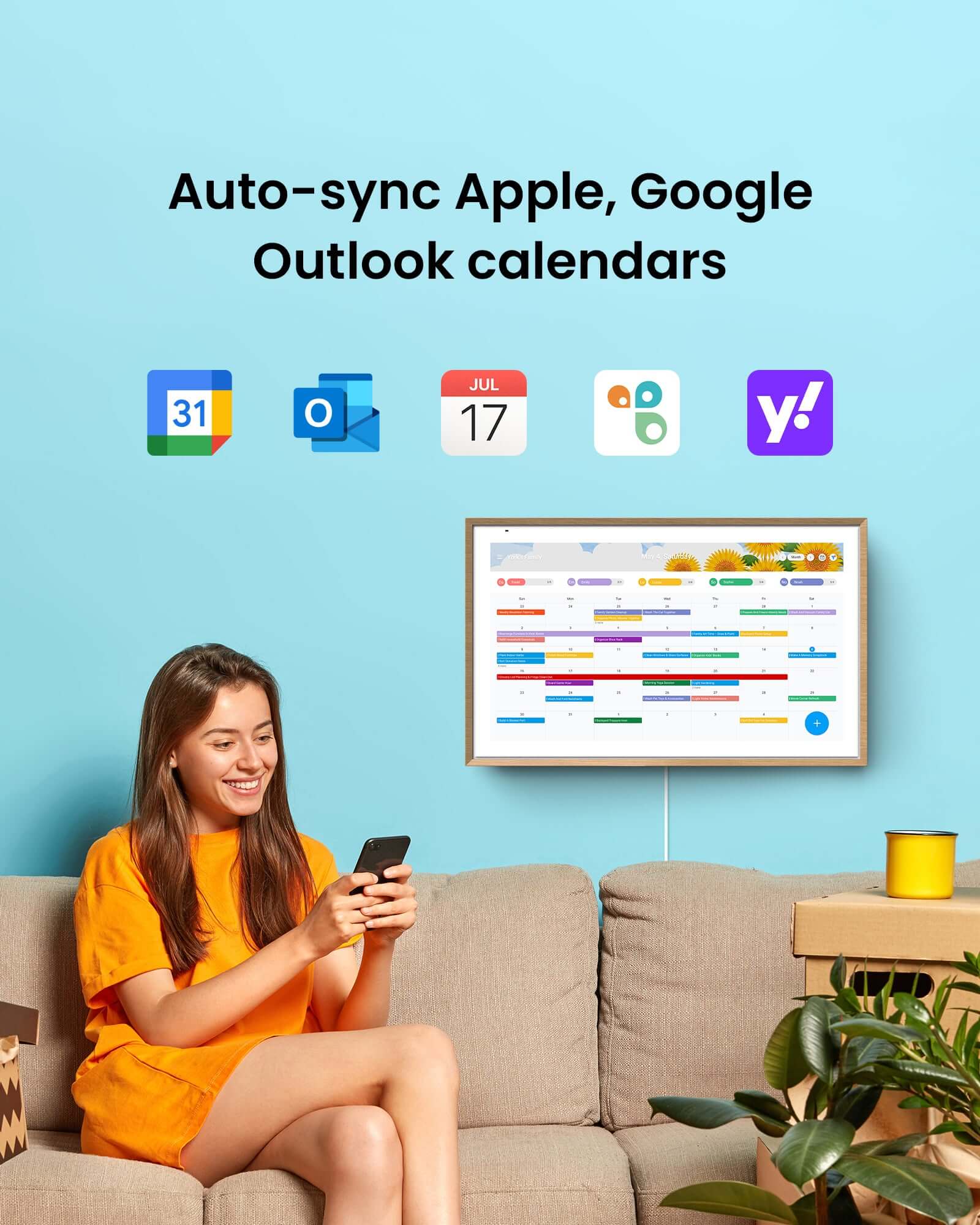 Woman uses phone to sync Apple, Google, and Outlook calendars on Apolosign digital display.