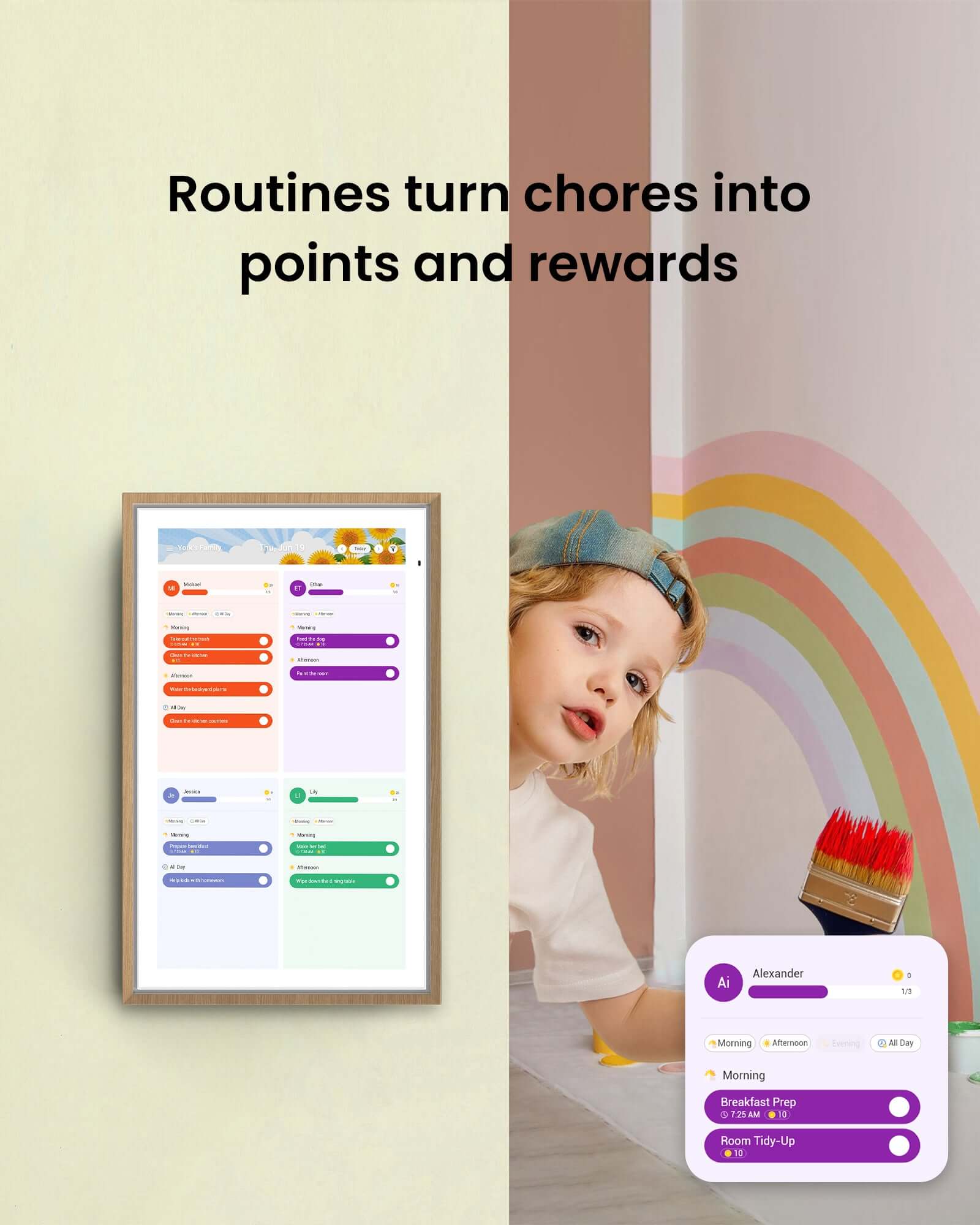 Apolosign digital calendar displays family routines with points and rewards, alongside a child painting a rainbow mural.