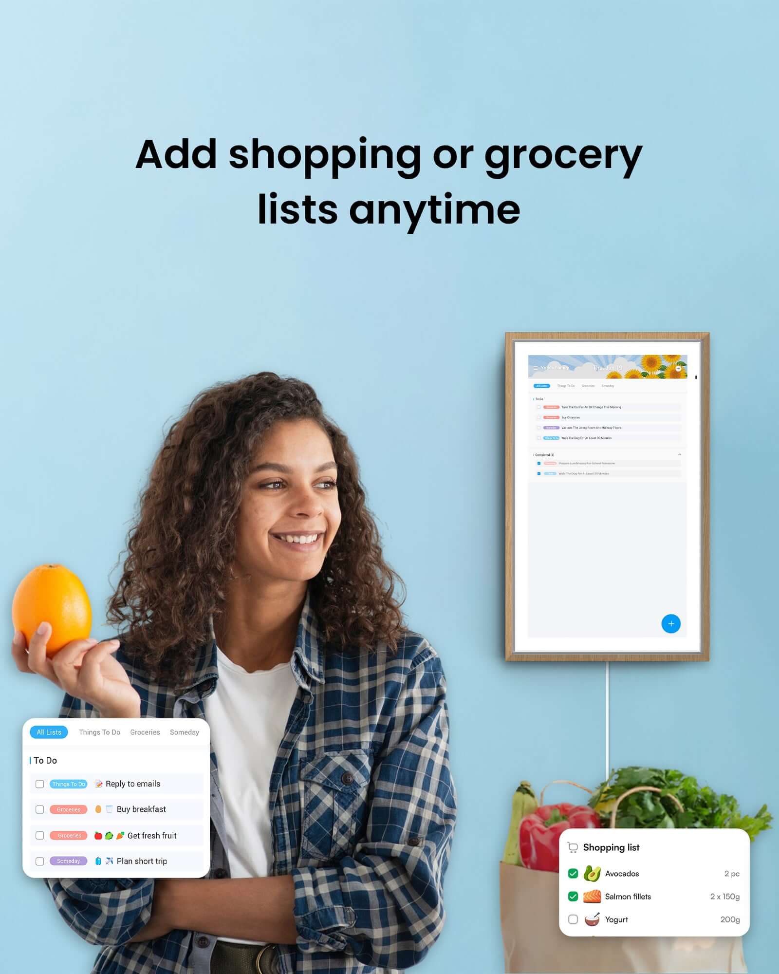 Apolosign digital calendar showing a shopping list with avocados and salmon next to a smiling woman holding an orange.