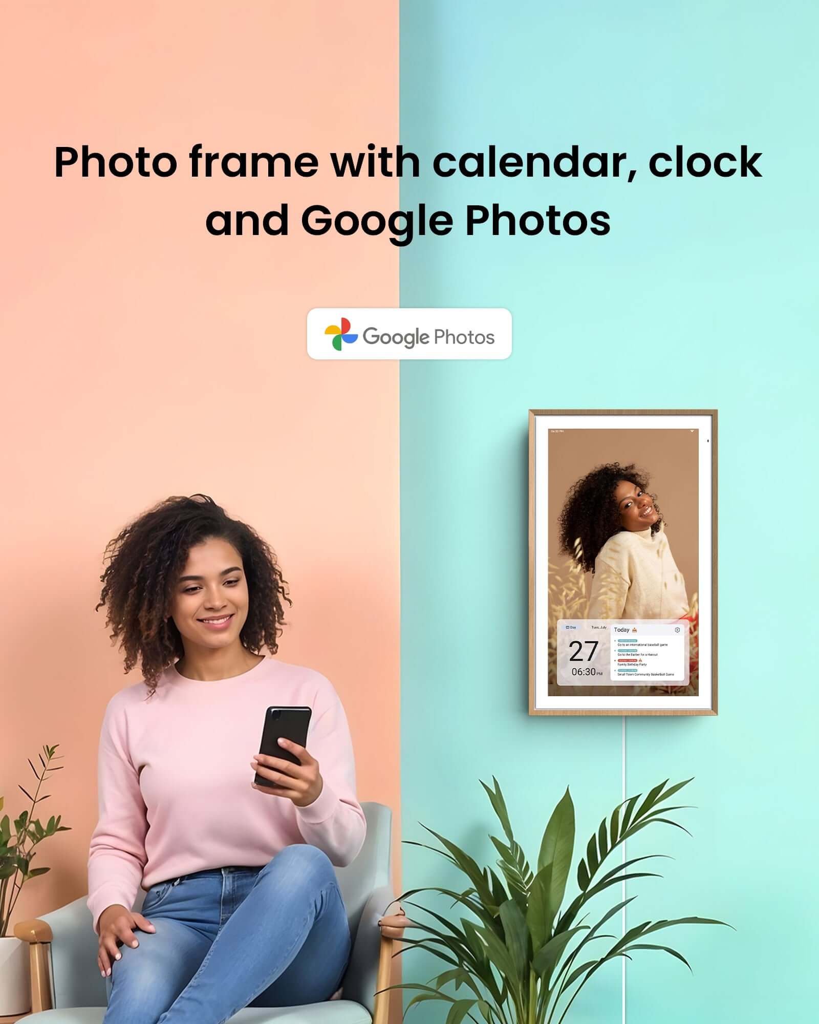 Apolosign digital calendar: photo, date, time, events. Synced with Google Photos. Woman using phone.