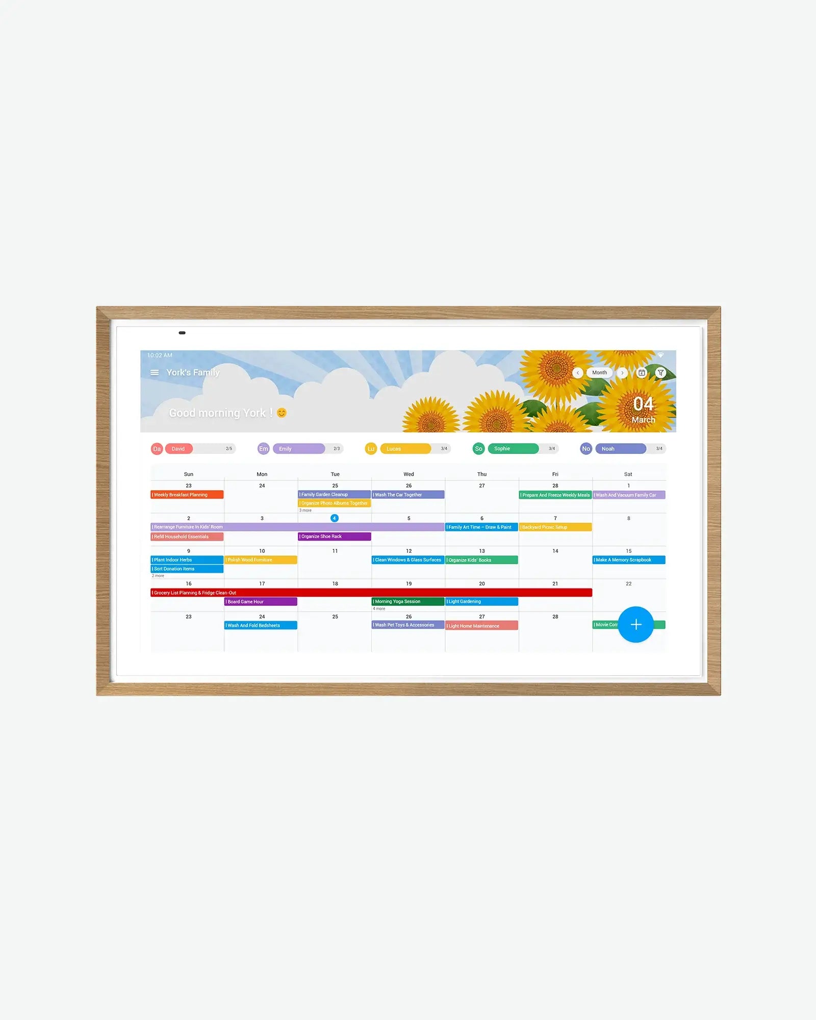 Apolosign 15.6" digital calendar interface with monthly view, color-coded events, and sunflower theme. Shows March schedule.