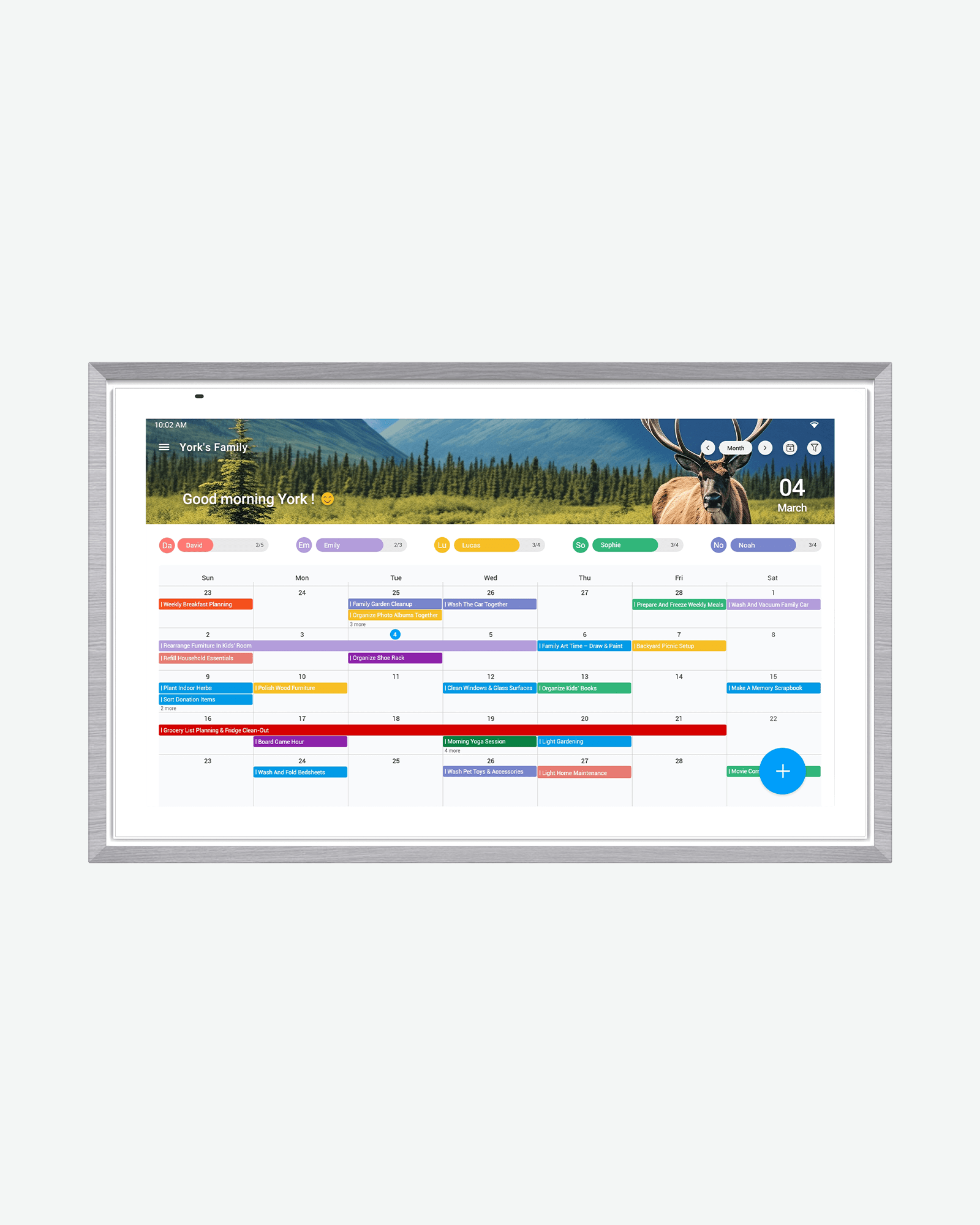 21.5-inch Apolosign digital calendar with Spruce Grey wooden frame, landscape orientation.