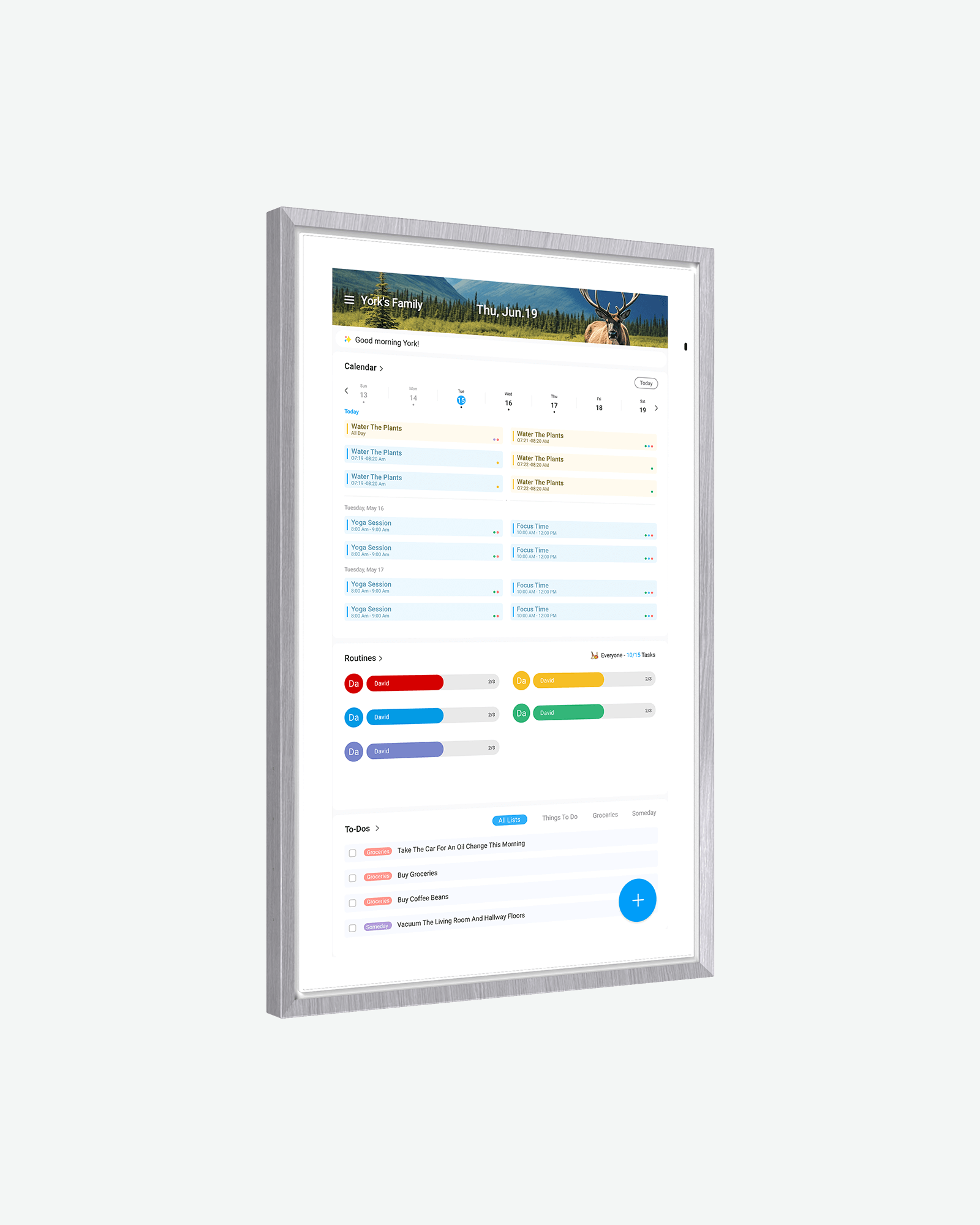Apolosign digital calendar showing family schedule, routines, and to-do list with mountain scenic background.
