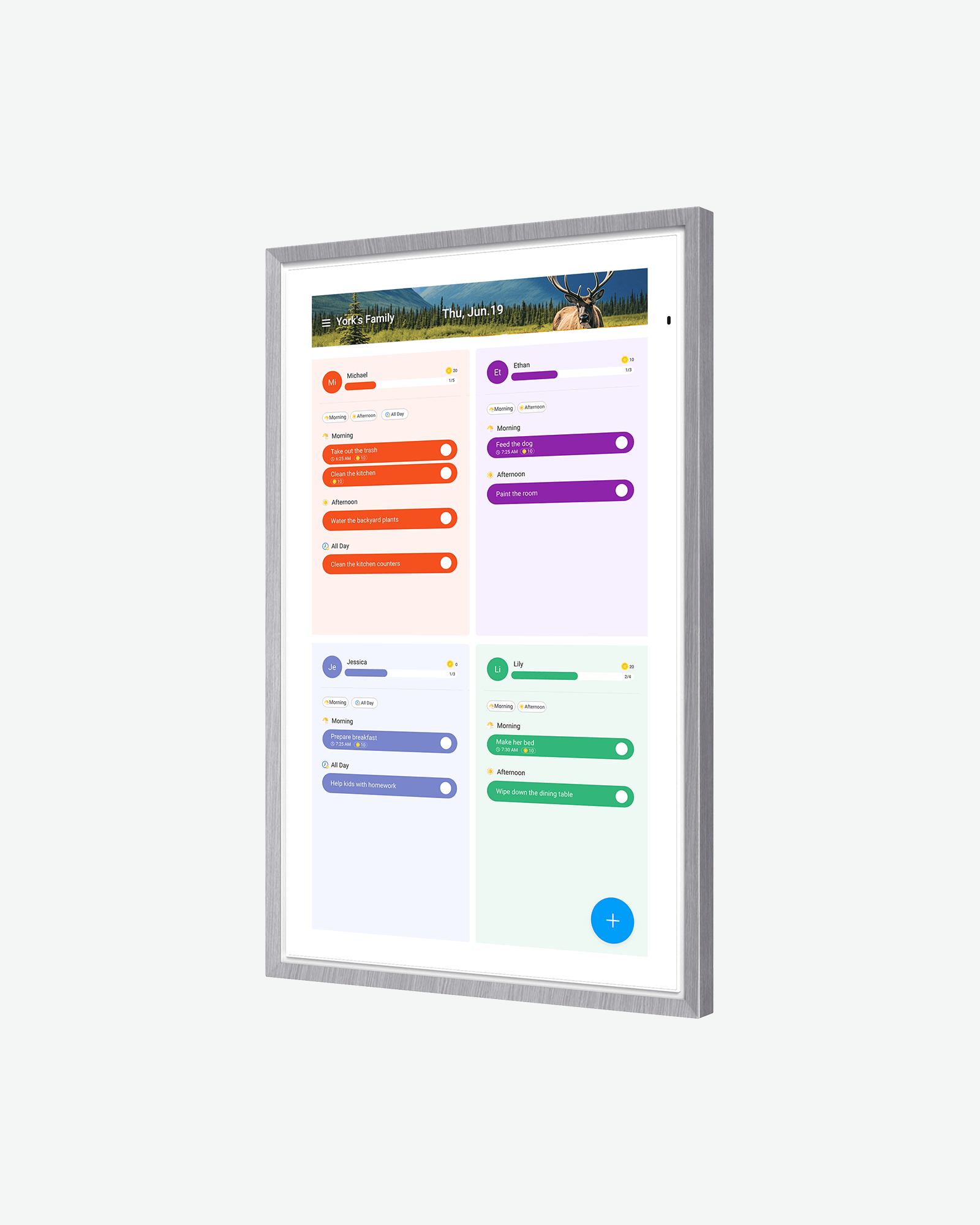 Apolosign 21.5" digital calendar interface displaying family tasks and schedules with a mountain scenic background.
