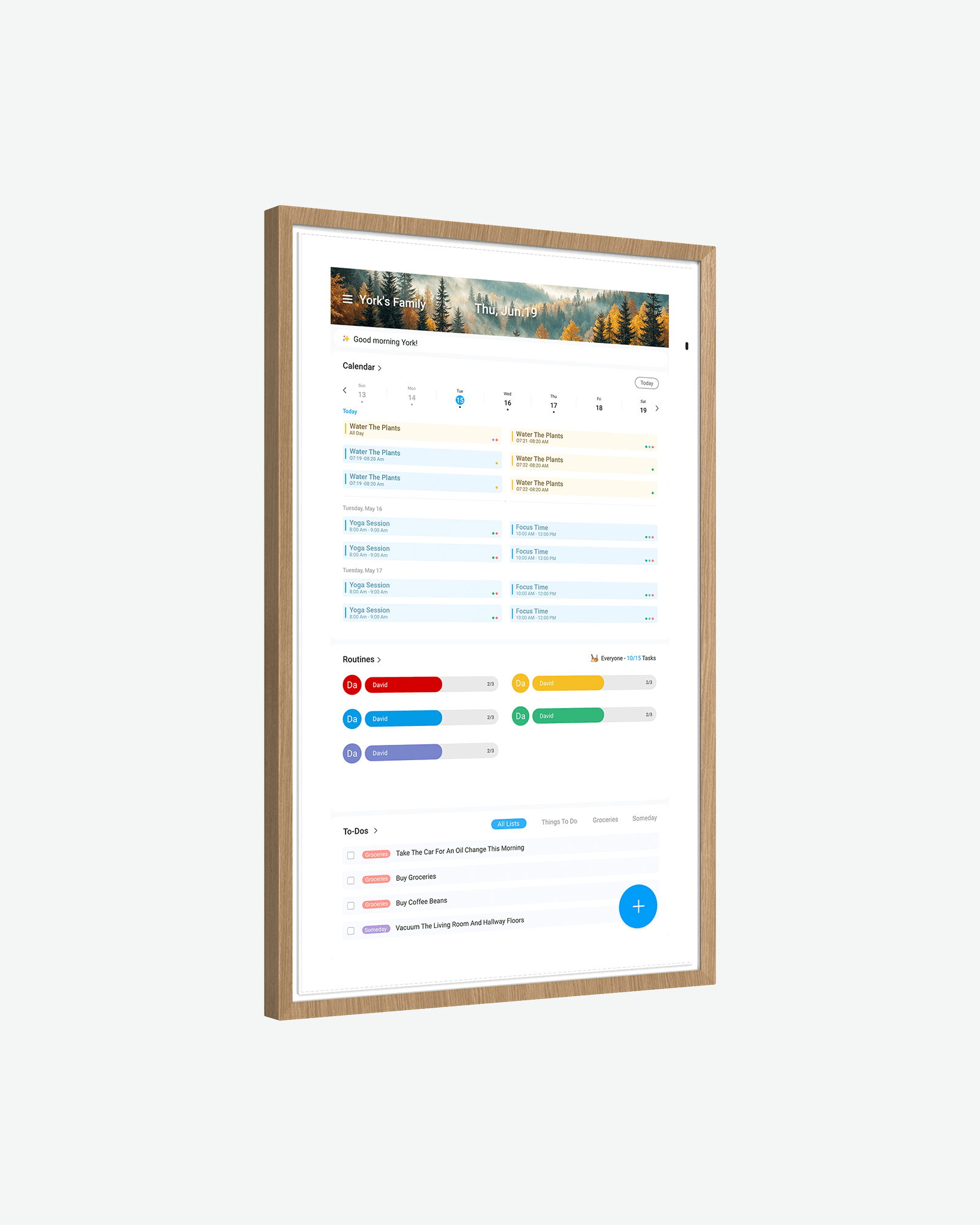 Apolosign 21.5" digital calendar with wood frame displays landscape and daily tasks like Yoga, routines, and to-do list.