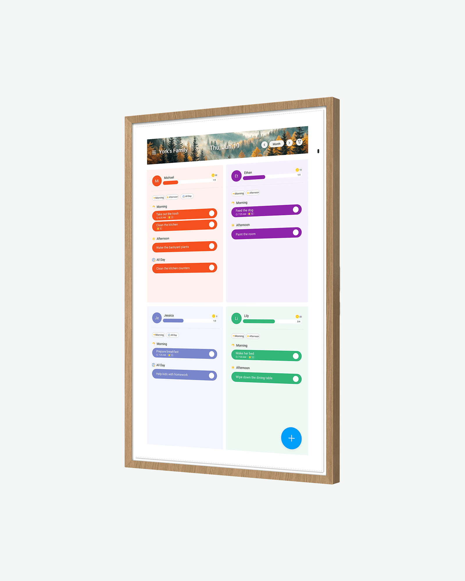 Apolosign 21.5" digital calendar with wood frame in Teak Yellow, displaying family dashboard and to-do lists.