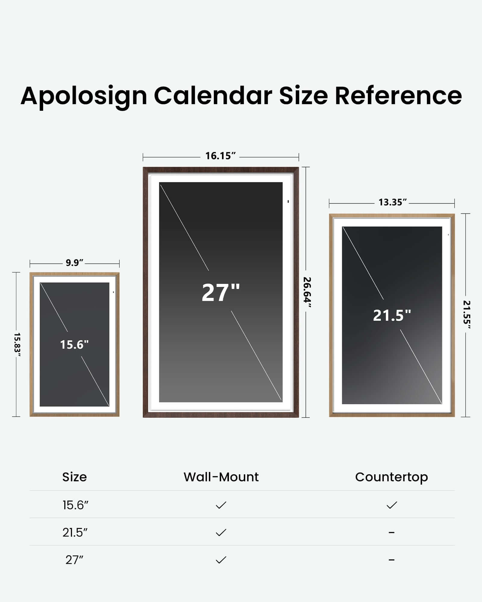 Apolosign digital calendar size comparison chart: 15.6", 21.5", and 27" models shown with dimensions and mounting options.