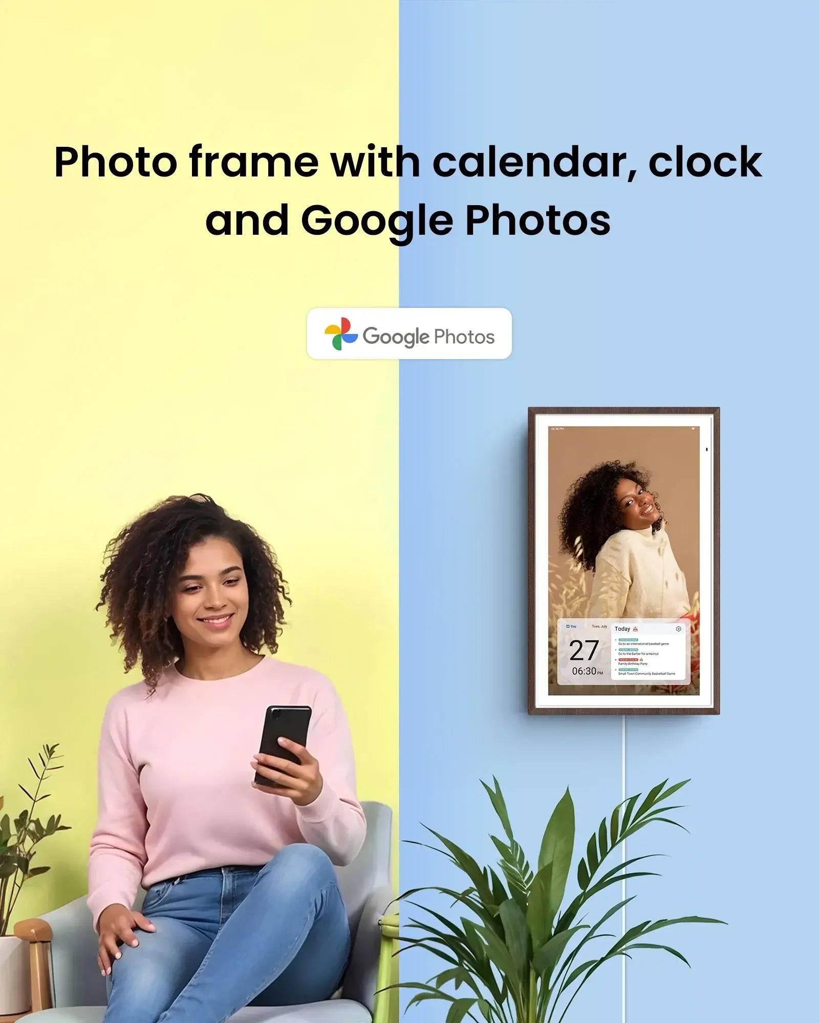 Apolosign 27" 4K digital calendar displays photo and schedule, woman smiles with phone.