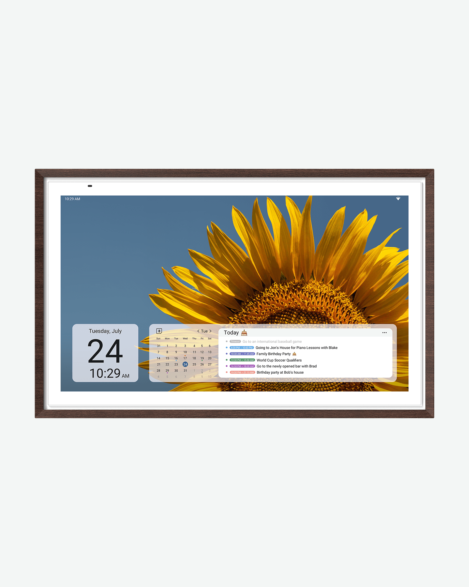 Apolosign 27" 4K digital calendar and photo frame with sunflower, showing date, time, and "Today" list.
